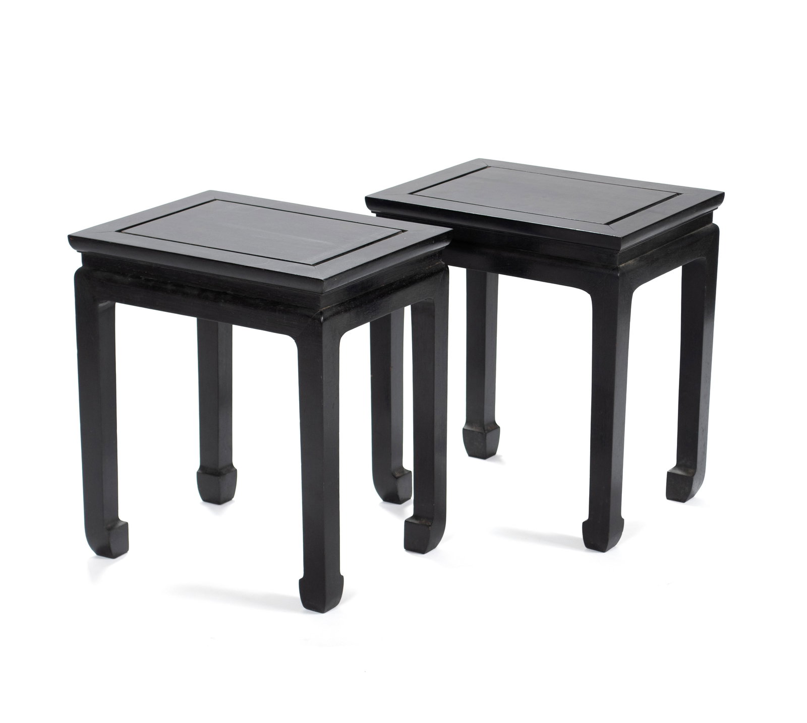 PAIR OF CHINESE EBONIZED SIDE TABLES: PAIR OF CHINESE EBONIZED SIDE TABLES 20th century. Pair of lacquered rectangular side tables, with Royal Cathay import labels 18 x 16 x 12 in. (45.7 x 40.6 x 30.5 cm.)