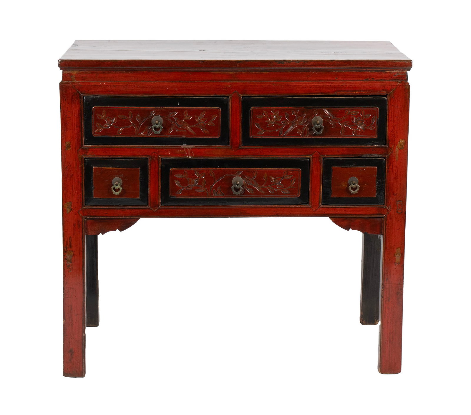 CHINESE LACQUERED SIDE CABINET: CHINESE LACQUERED SIDE CABINET Chinese, 19th century. Red finish with ebonized highlights, rectangular clean finished rustic top surface, over five drawers, on straight legs. 35 1/2 x 37 1/4 x 19 in.