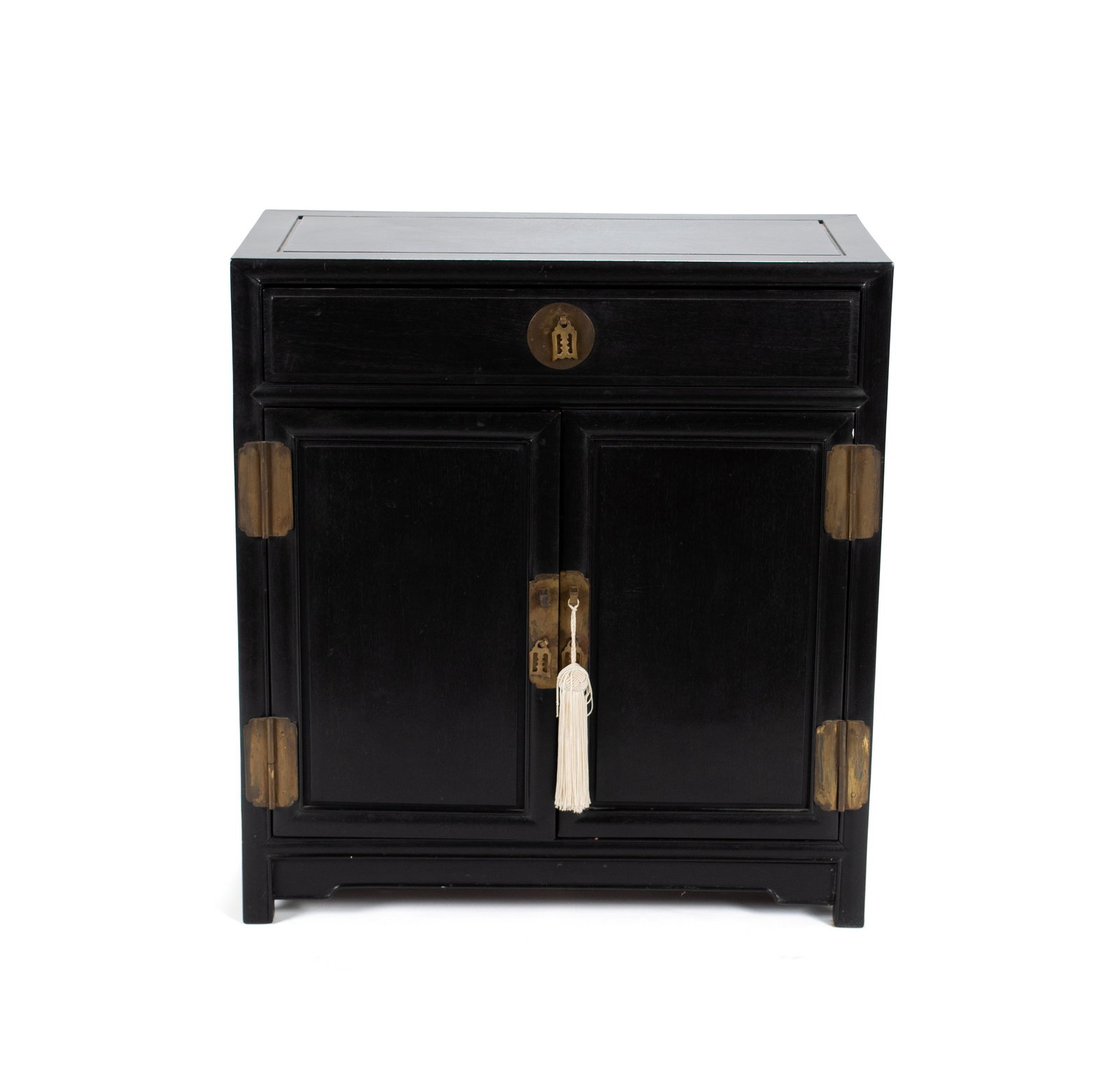 CHINESE EBONIZED CABINET: CHINESE EBONIZED CABINET 20th century. Bedside cabinet with single drawer over two doors, brass mounts. 29 x 27 x 14 in. (73.7 x 68.6 x 35.6 cm.)