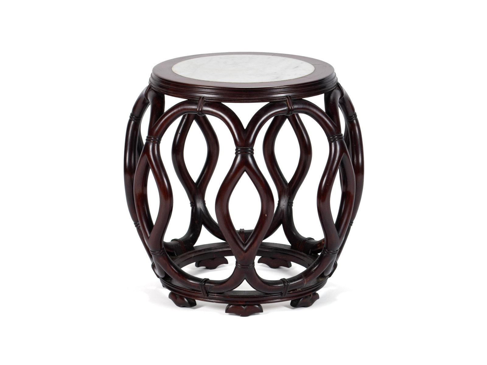 CHINESE MARBLE TOP SIDE TABLE: CHINESE MARBLE TOP SIDE TABLE Chinese, early 20th century. Barrel form with inset circular marble top. 22 x 23 in. (55.9 x 58.4 cm.)