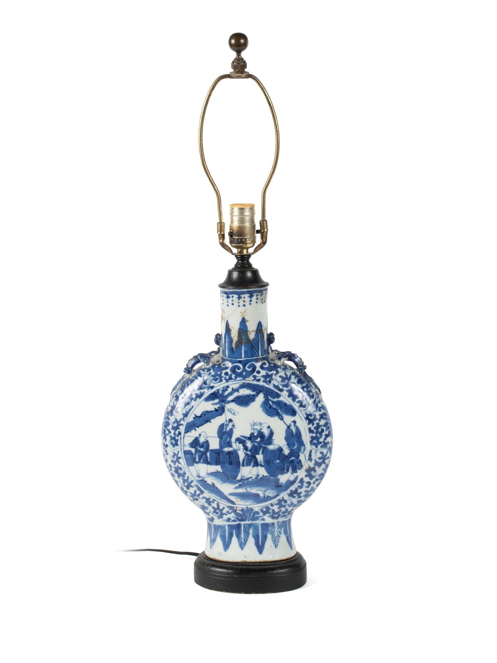 CHINESE PORCELAIN MOON FLASK LAMP: CHINESE PORCELAIN MOON FLASK LAMP 20th century. Blue and white porcelain moon flask with figural decoration, mounted as a lamp. 28 x 10 x 15 in. (71.1 x 25.4 x 38.1 cm.)