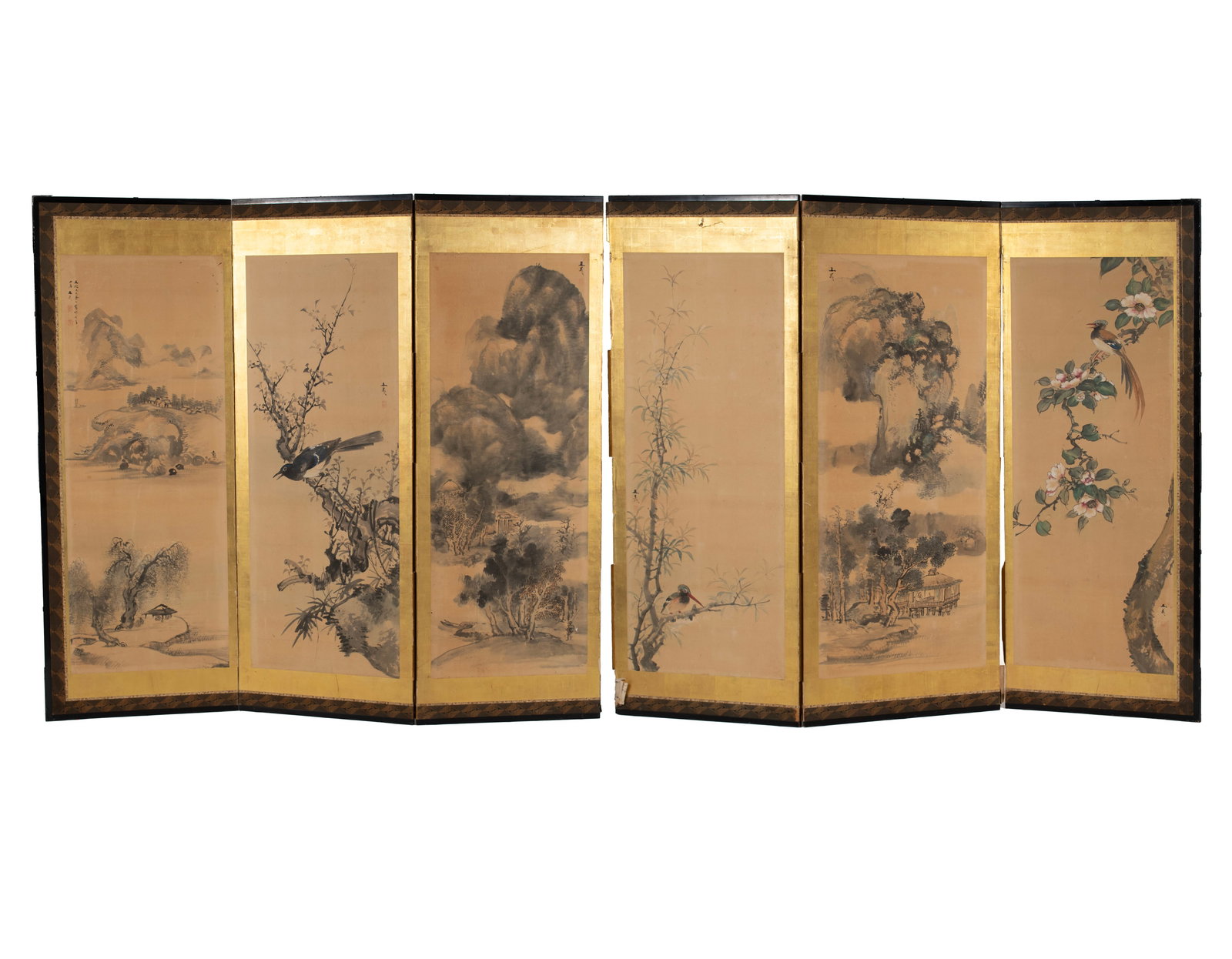 TWO CHINESE PAINTED SCREENS: TWO CHINESE PAINTED SCREENS Late Qing. Shanshui mountain landscape and a bird on branches mounted together, signed by the same artist. Two larger panels: 67 x 24 1/2 in. (170.2 x 62.2 cm.), Four