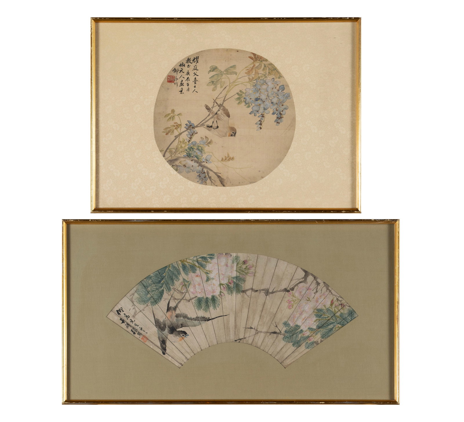 TWO CHINESE SILK PAINTINGS: TWO CHINESE SILK PAINTINGS Chinese, 19th century, both signed. One circular showing a bird on a flower filled branch by Sun Yaoting, the other fan-form showing a bird flying by a flower filled branch