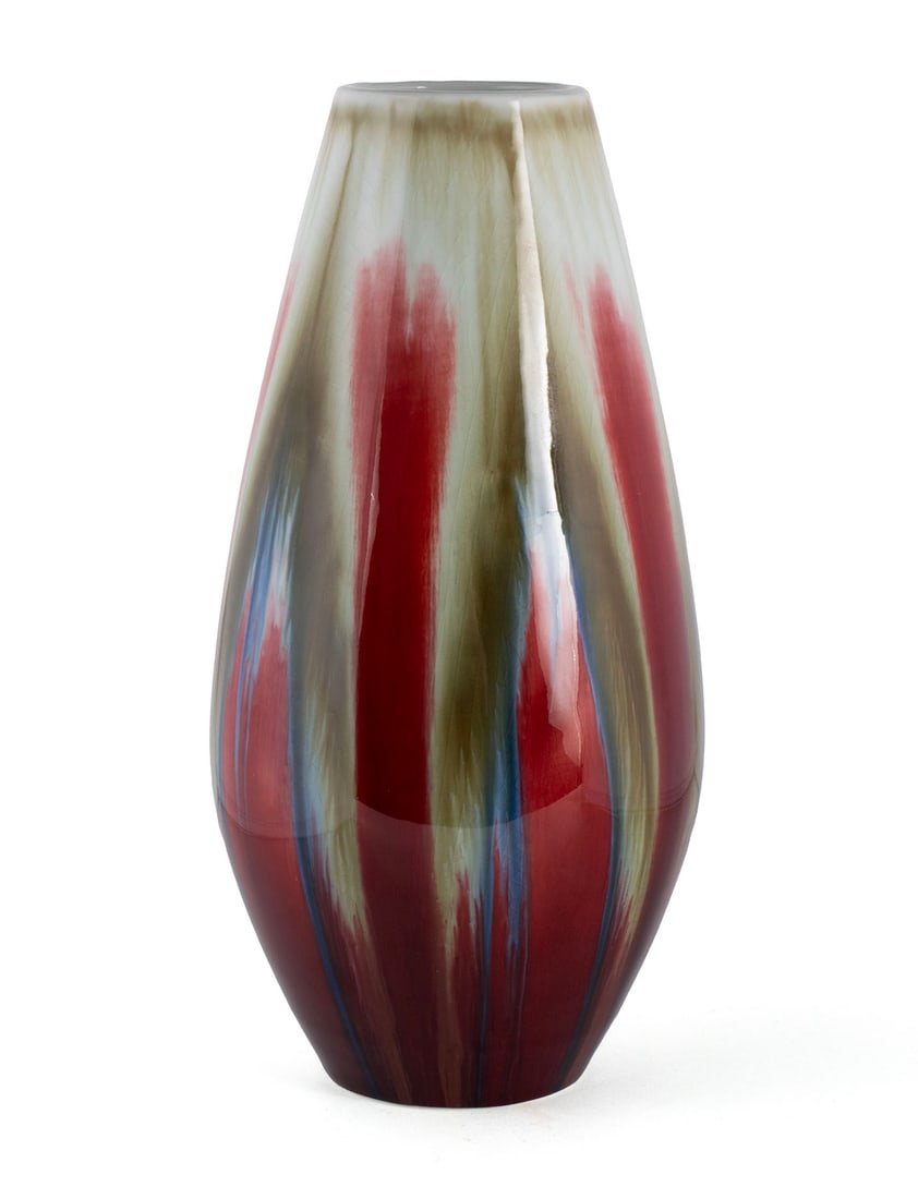 DENG XIPING PORCELAIN VASE: DENG XIPING PORCELAIN VASE Chinese, 20th century. Flambe glaze vase with a white ground, with a fitted box. 11 3/4 in. (29.8 cm.)