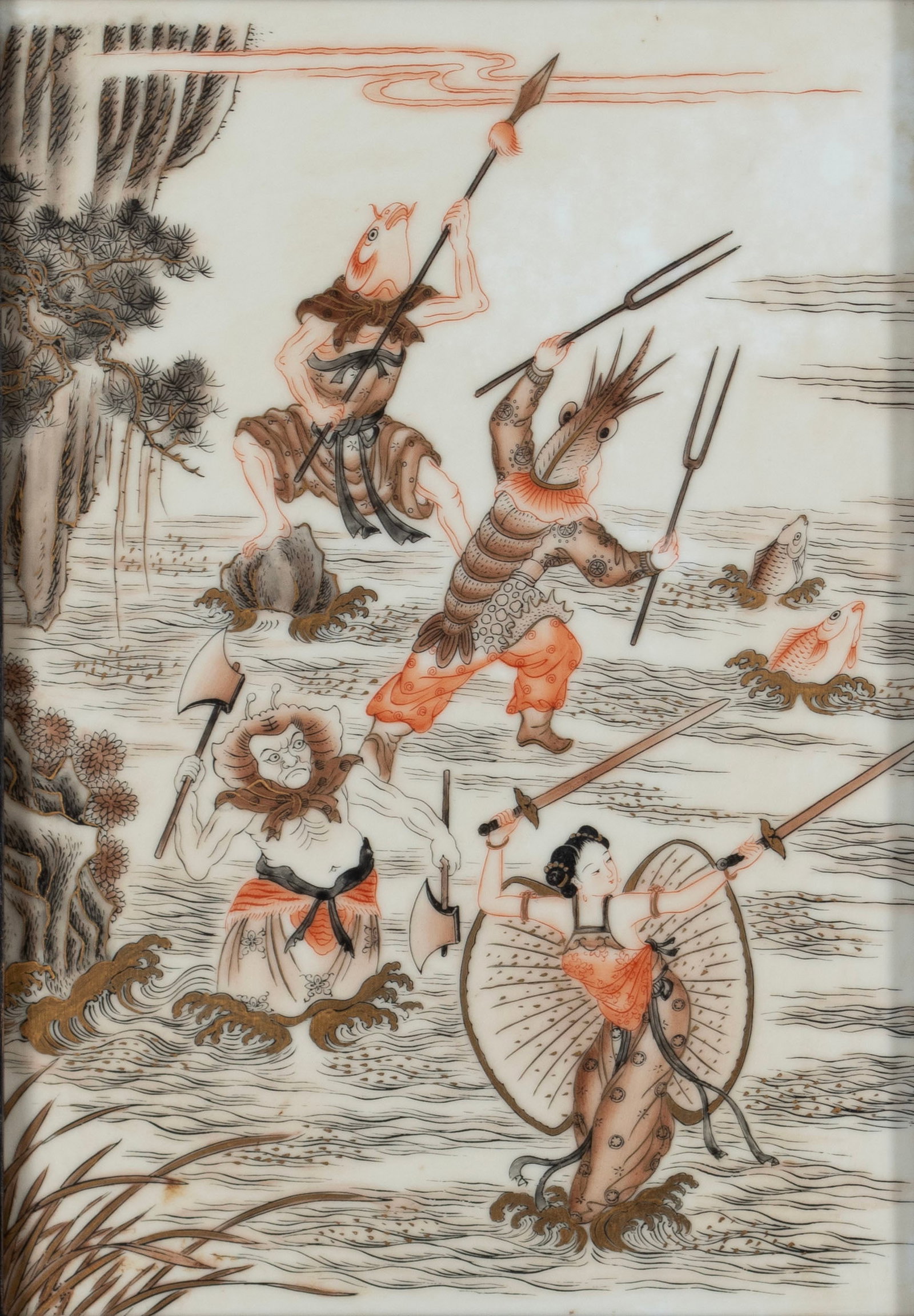 CHINESE PAINTED PORCELAIN PLAQUE: CHINESE PAINTED PORCELAIN PLAQUE 20th century. Porcelain plaque with a scene of mythological creatures with weapons walking on the ocean, framed. 11 1/2 x 8 1/4 in. (29.2 x 21 cm.), Frame: 20 1/2 x