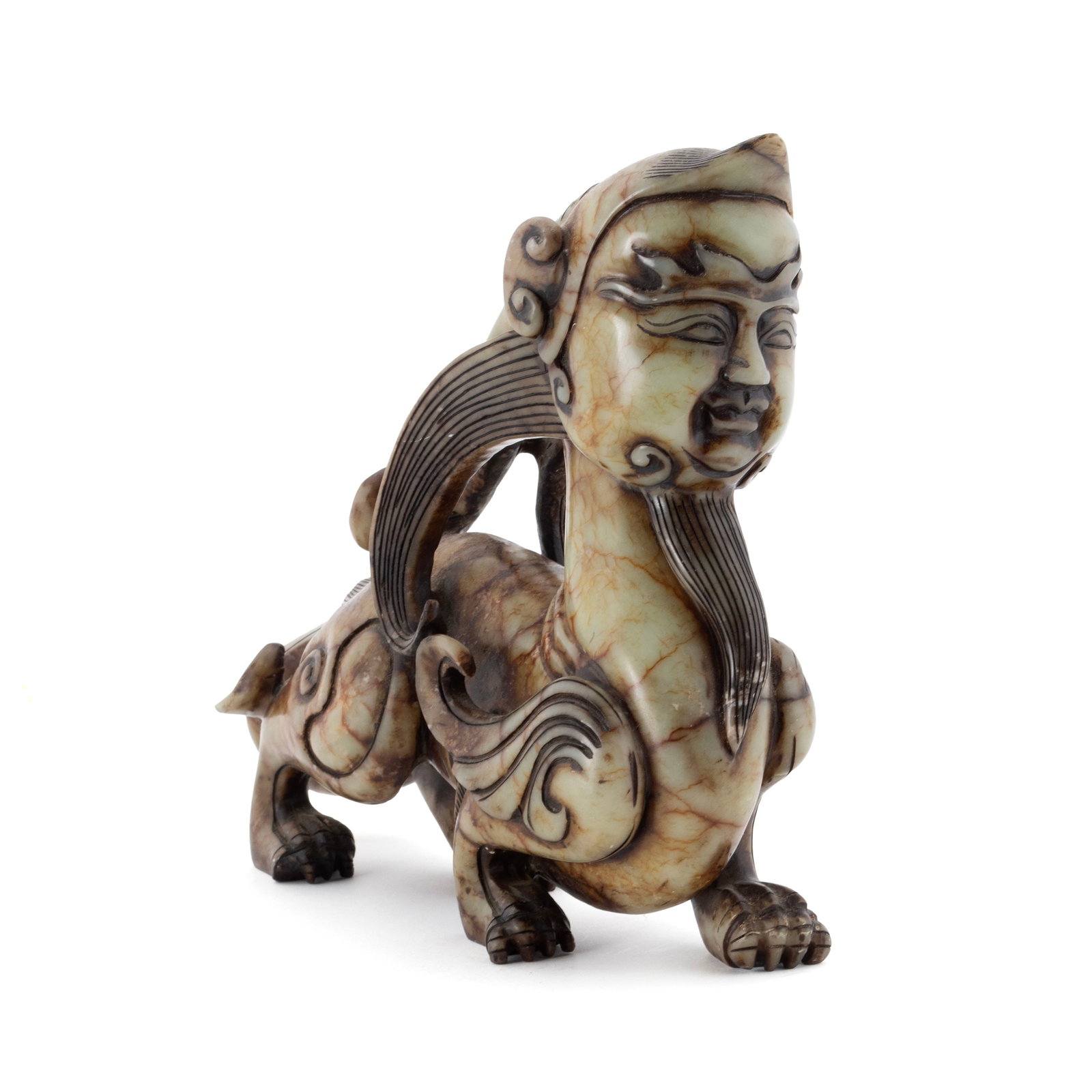 CHINESE HARDSTONE CARVING: CHINESE HARDSTONE CARVING 20th century. Hardstone carving of a mythical creature. 9 1/2 x 3 1/2 x 10 1/2 in. (24.1 x 8.9 x 26.7 cm.)