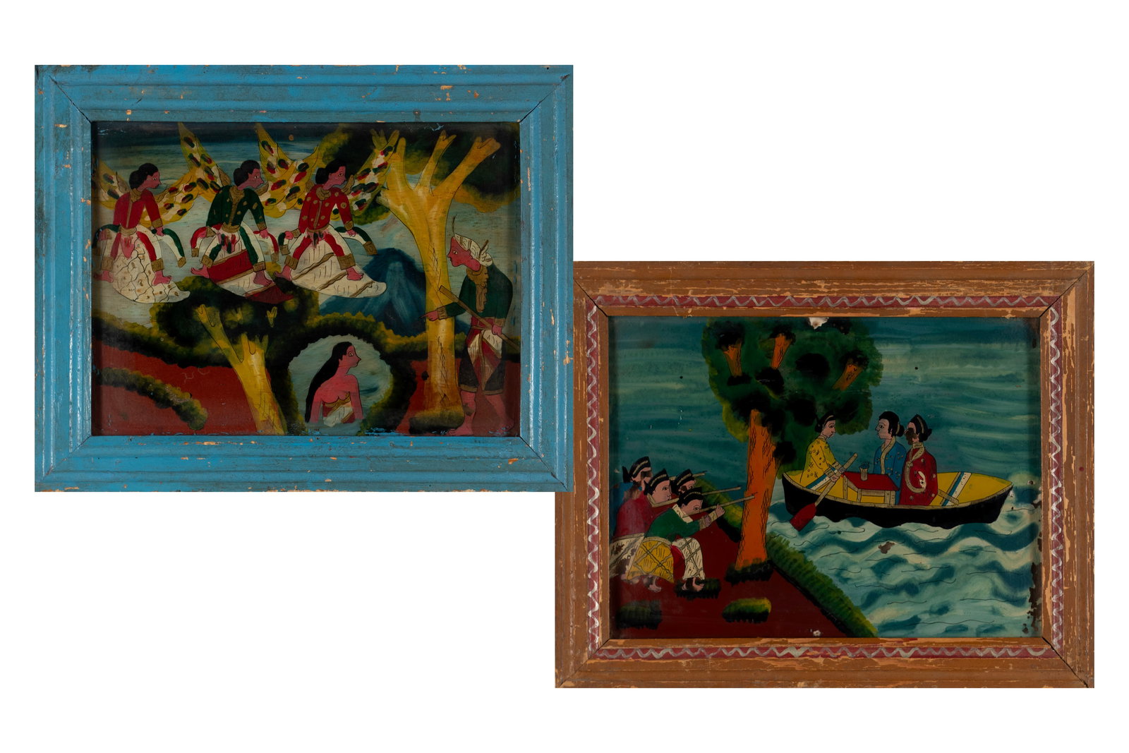 TWO INDONESIAN REVERSE PAINTINGS: TWO INDONESIAN REVERSE PAINTINGS 19th century. One a scene depicting the folktale of Jaka Tarub and the seven ?angels?, both framed. Larger frame: 14 1/4 x 18 1/2 in. (36.2 x 47 cm.), Sight: 10 1/2 x