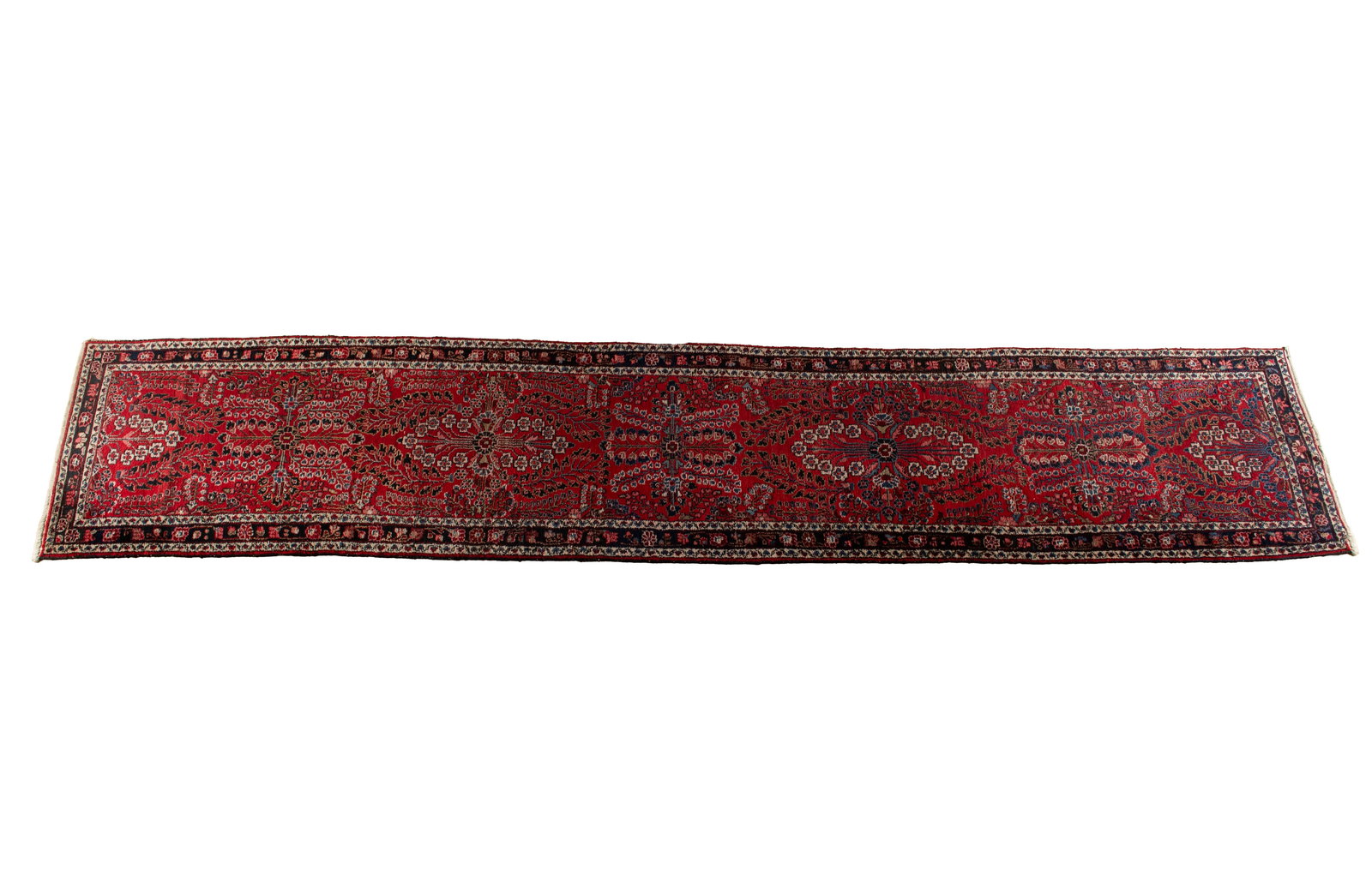 PERSIAN LONG RUG: PERSIAN LONG RUG Persian, 3rd quarter 20th century. Red field decorated with foliate filled vines, navy border with ivory guard borders. 14 ft. 7 in. x 2 ft. 9 in.