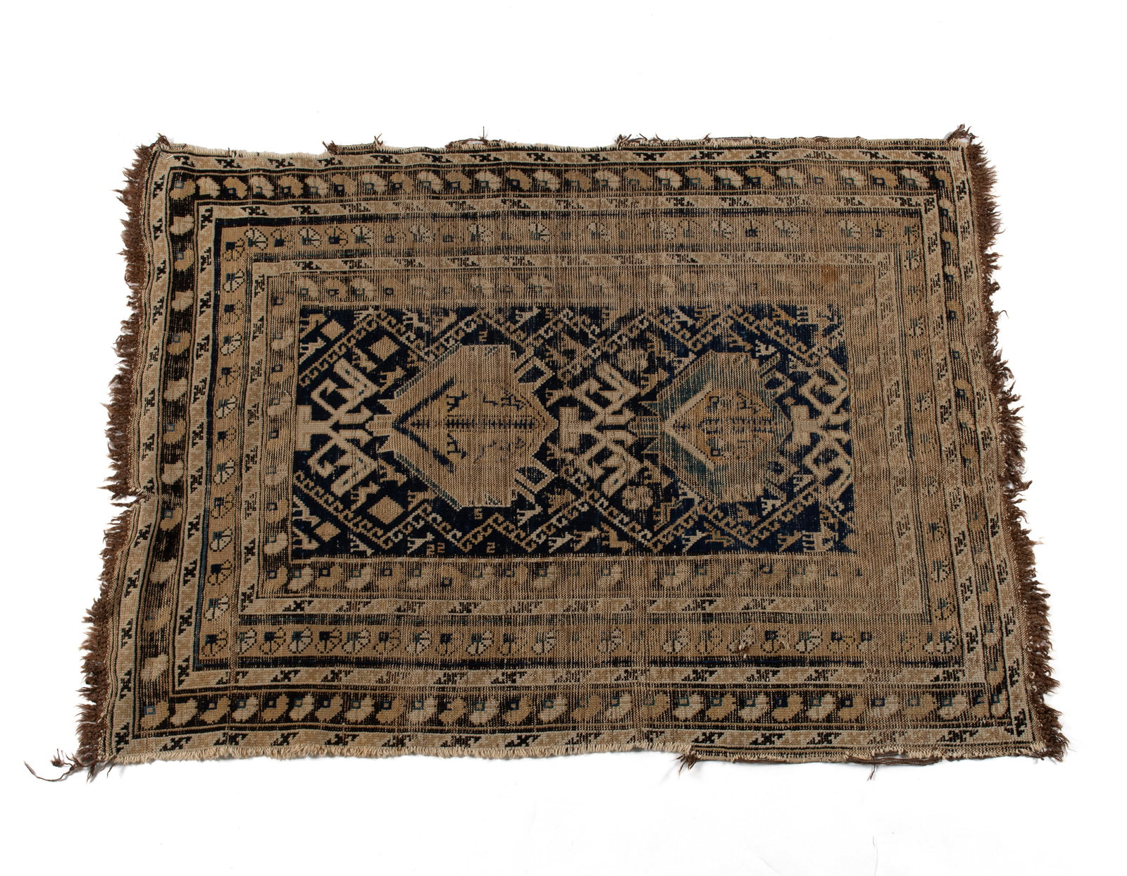 PERSIAN THROW RUG: PERSIAN THROW RUG Persian, circa 1900. Navy field decorated with animals and geometric forms, surrounded by layers of gold, ivory, and navy borders, shows considerable wear. 4 ft. 7 in. x 3 ft. 5 in.