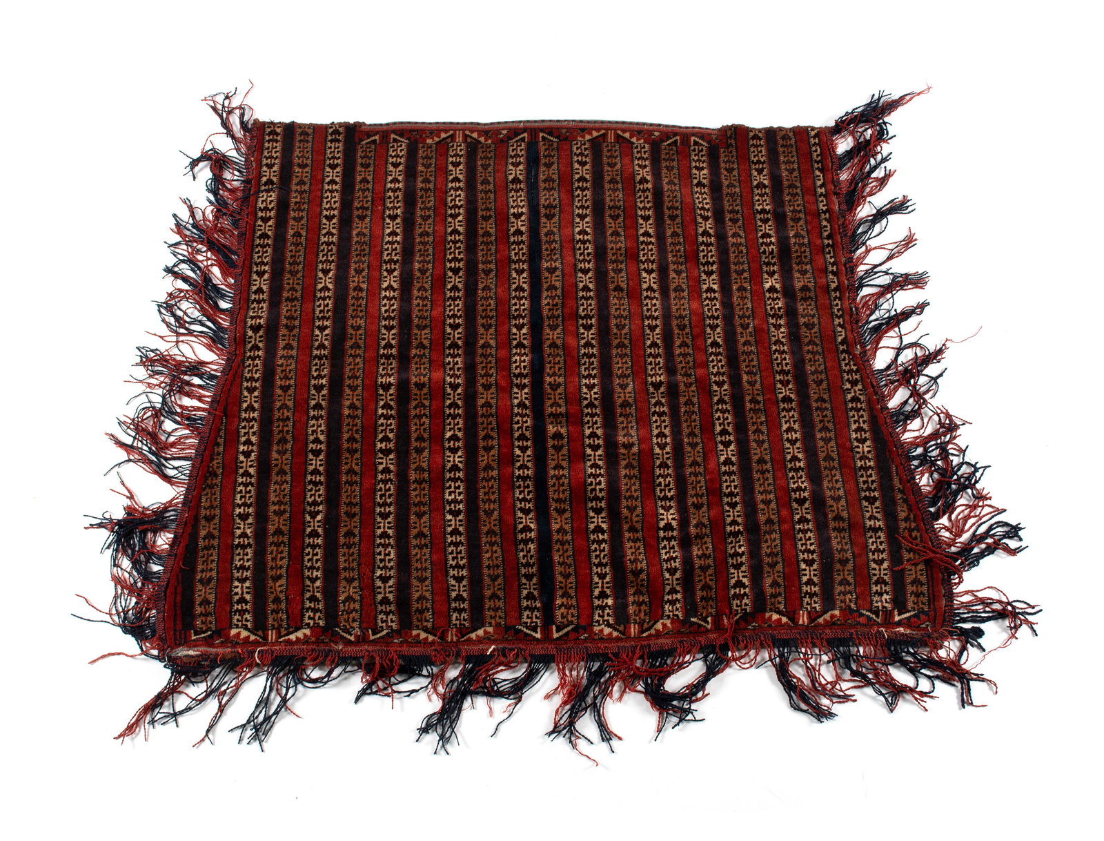 AFGHAN AREA RUG: AFGHAN AREA RUG Afghani, 20th century, likely a bag face. Horizontal rows of brown, red, and beige with geometric highlights, fringe on three sides. 4 ft. 6 in. x 3 ft. 7 in.