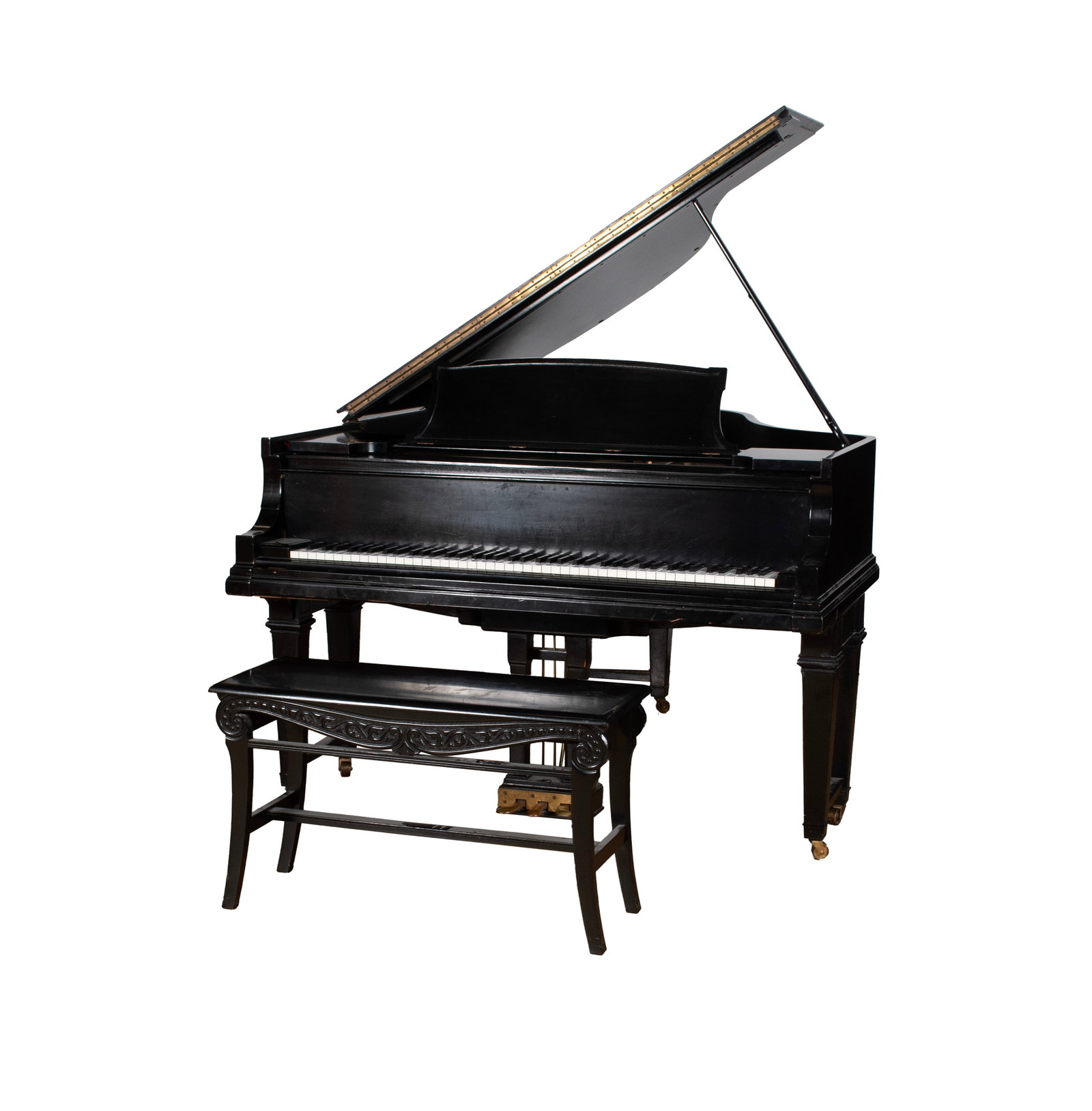 STEINWAY GRAND PIANO: Circa 1919, serial no. 196547, model XR as this piano formerly had a Duo-Art player that is no longer present. Ebonized glossy finish, on three twin legs with casters, and matching bench. 40 1/2 x 59 
