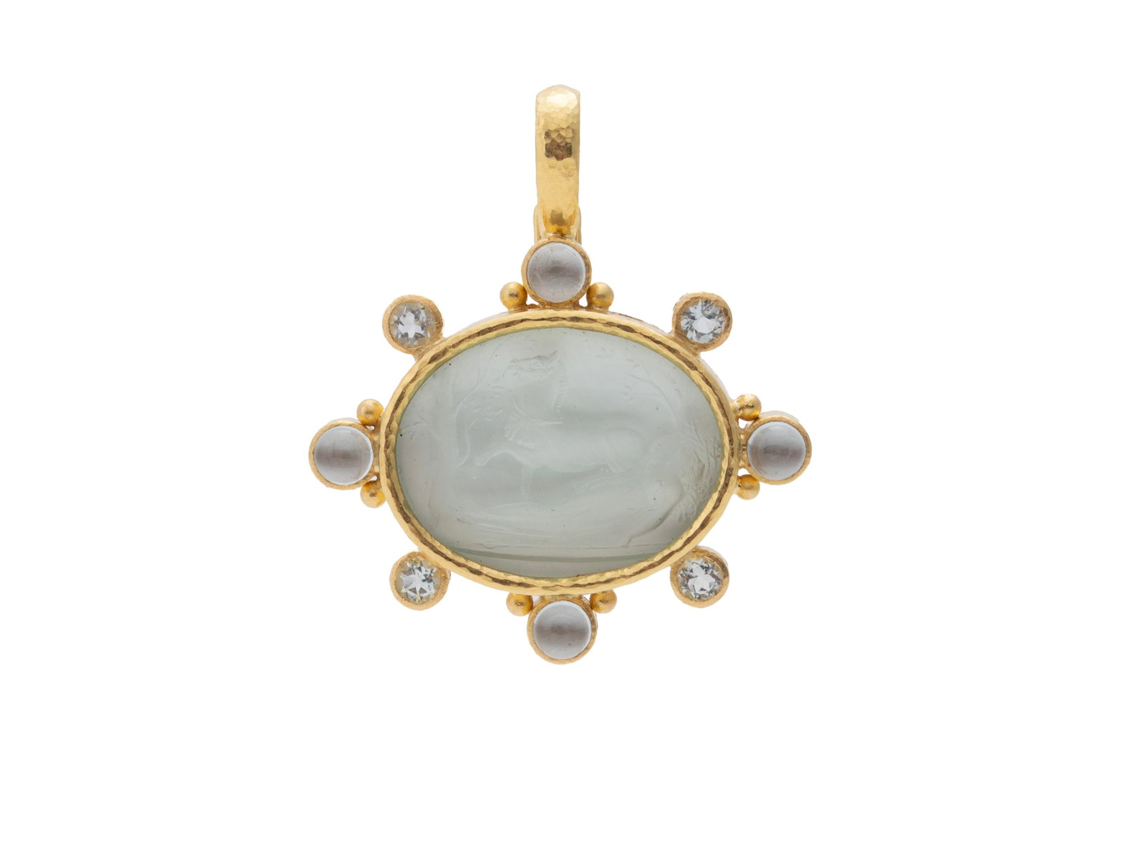 ELIZABETH LOCKE 'HORSE & SLEEPING MAIDEN' INTAGLIO PENDANT: ELIZABETH LOCKE 'HORSE & SLEEPING MAIDEN' INTAGLIO PENDANT A 19k yellow gold Venetian glass intaglio pendant, accented by four (4) faceted aquamarine stones measuring 4mm and four (4) cabochon moonsto