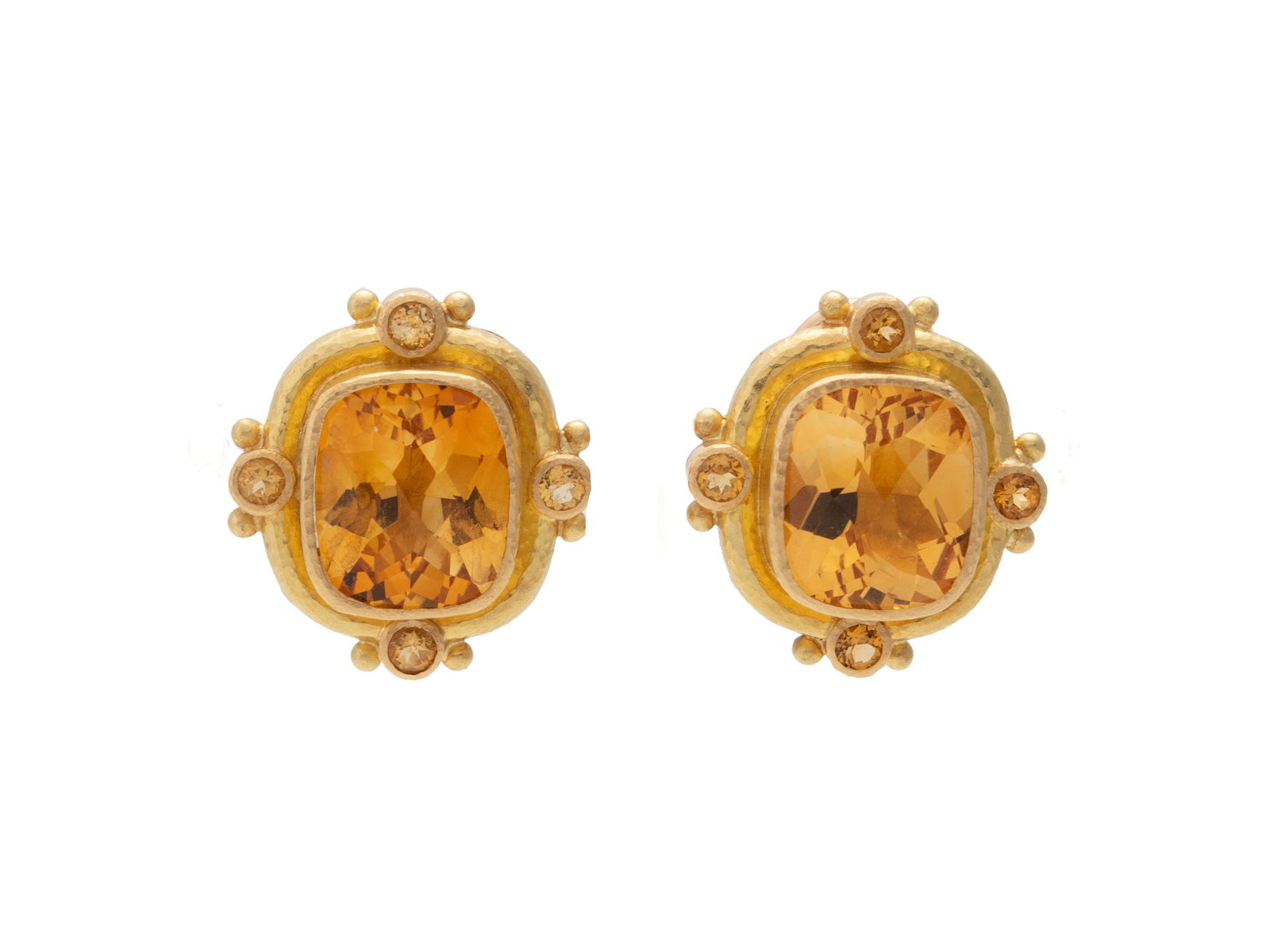ELIZABETH LOCKE CITRINE GOLD EARRINGS: ELIZABETH LOCKE CITRINE GOLD EARRINGS A pair of 19k yellow gold earrings with two (2) bezel set cushion shaped faceted citrine stones measuring approximately 14mm x 12mm and eight (8) round faceted 3m