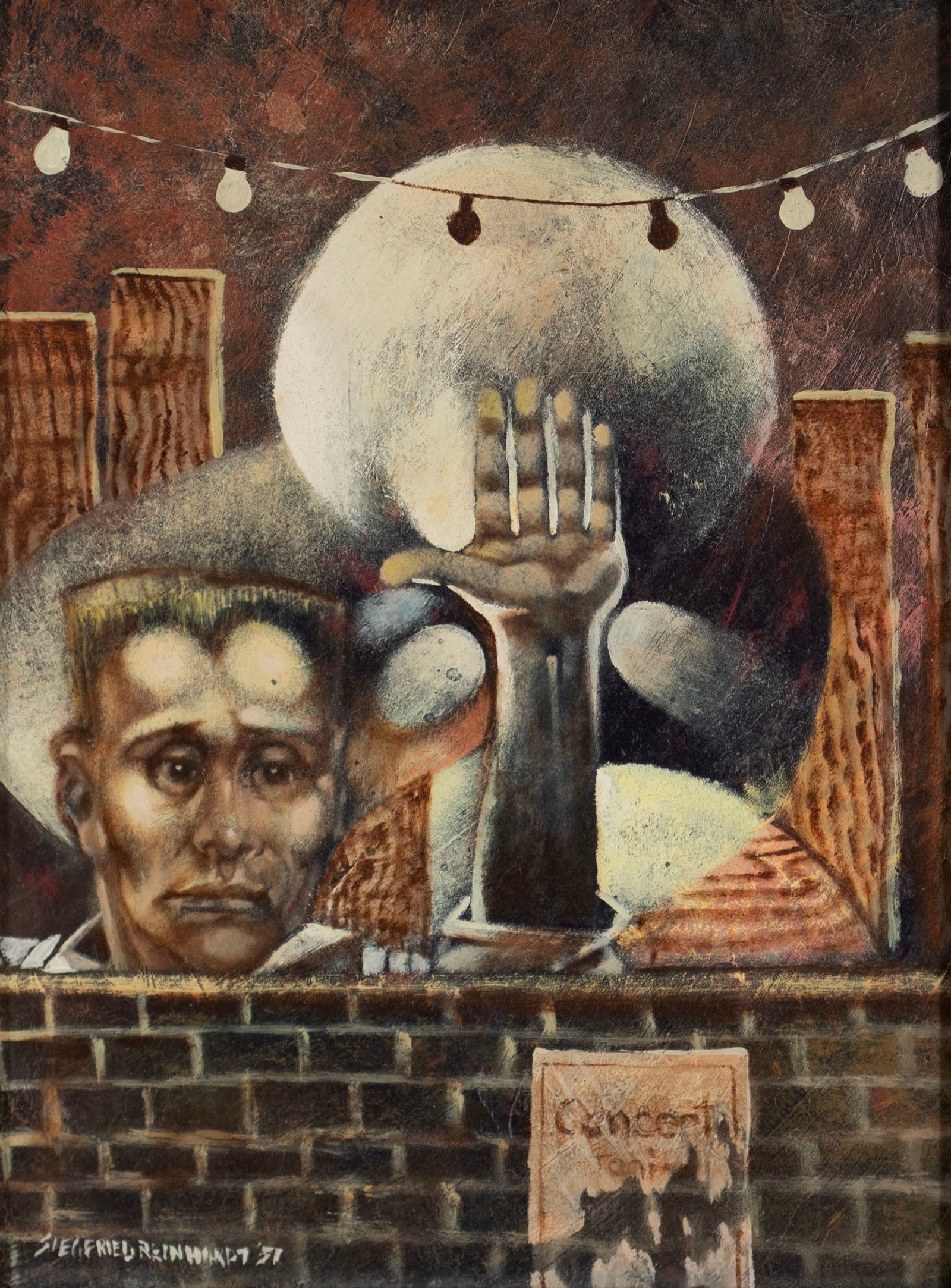 SIEGFRIED REINHARDT (AMERICAN (ST. LOUIS), 1925-1984): Siegfried Reinhardt American (St. Louis), 1925-1984 Oil on board Signed and dated 51 lower left. Surrealist image with a man behind a brick wall with a raised hand, framed. Sight: 11 1/2 x 8 1/2 in. (