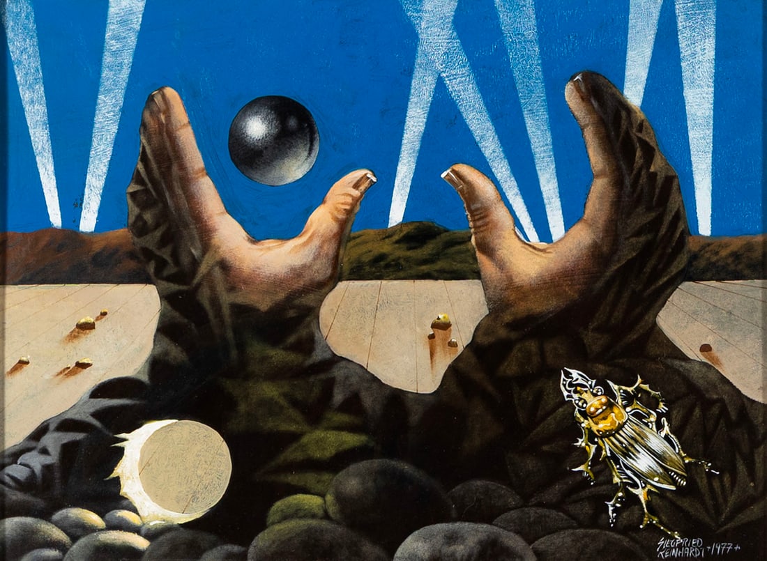 SIEGFRIED REINHARDT (AMERICAN (ST. LOUIS), 1925-1984): Siegfried Reinhardt American (St. Louis), 1925-1984 Oil on board Signed and dated 1977 lower right. Surrealist image of hands reaching skyward, a bug lower right, framed under glass. Sight: 17 x 23 1/