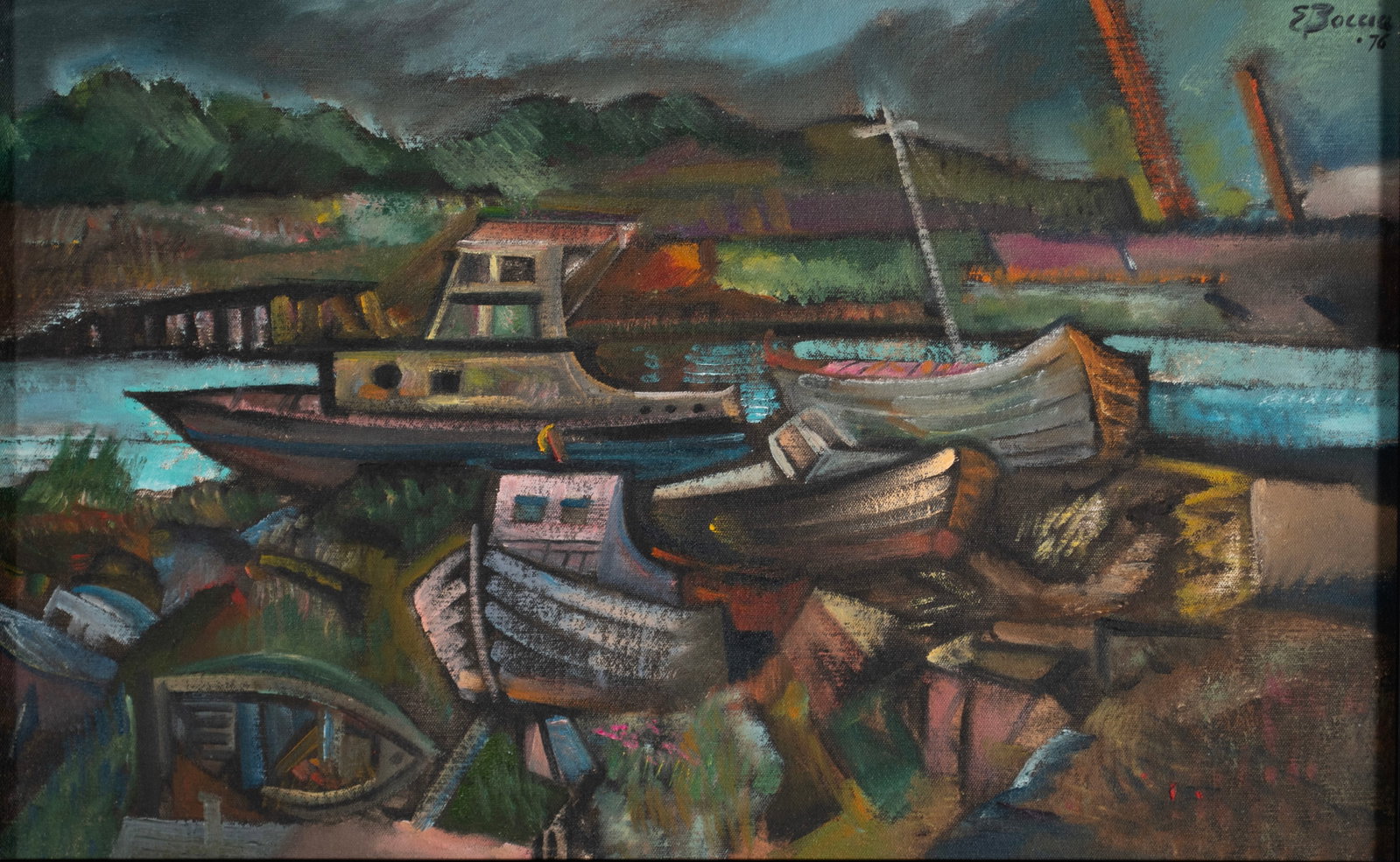 EDWARD EUGENE BOCCIA (AMERICAN (ST. LOUIS), 1921-2012): Edward Eugene Boccia American (St. Louis), 1921-2012 Oil on canvas Signed and dated 76 upper right. Boats on the bank of the river, framed. 14 1/2 x 23 1/2 in. (36.8 x 59.7 cm.), Frame: 16 1/2 x 25 1/
