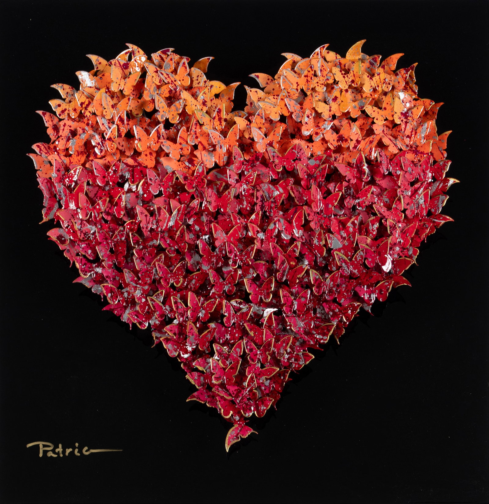 PATRICIA GOVEZENSKY (ISRAELI, B. 1961): Patricia Govezensky Israeli, b. 1961 Heart Painted metal on wood panel Signed lower left. A gradient heart formed of hundreds of butterflies. 16 x 17 in. (40.6 x 43.2 cm.), Frame: 19 1/2 x 19 1/2 in.