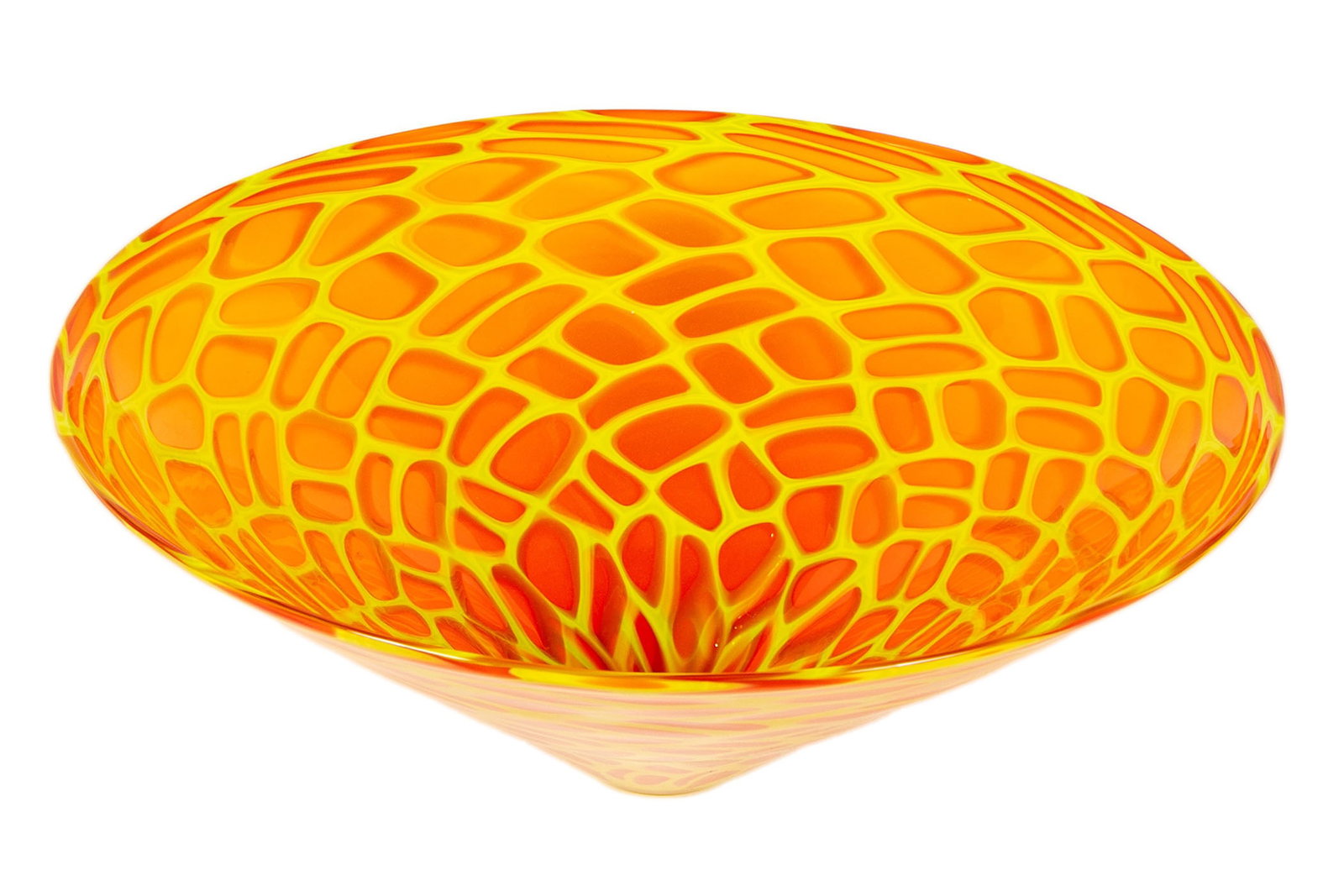 SAM STANG (AMERICAN, B. 1959): Sam Stang American, b. 1959 Glass Signed. Yellow and red leopard pattern centerpiece bowl. 7.20 x 18 1/2 x 18 1/2 in. (18.3 x 47 x 47 cm.)