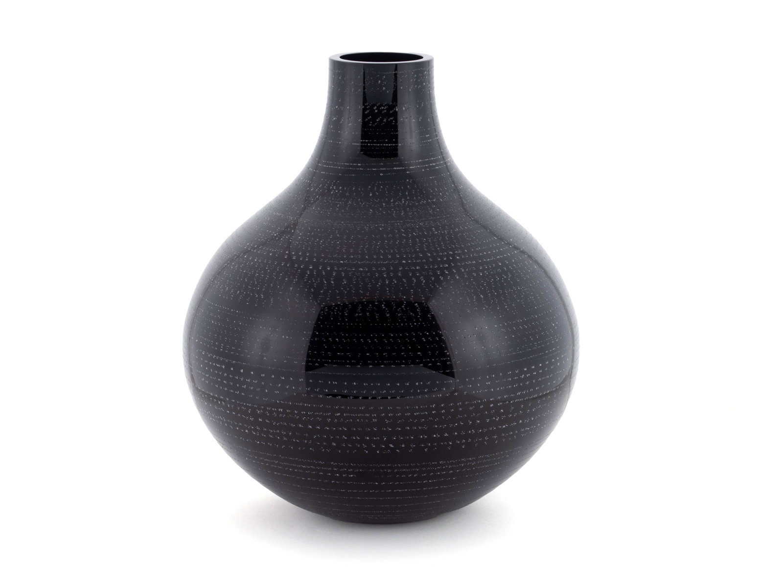 INGEGERG RAMAN FOR ORREFORS GLASS VASE: INGEGERG RAMAN FOR ORREFORS GLASS VASE Signed, dated 2004, and numbered 76-200 to underside. Black glass vase with etched decoration. 11 1/2 in. (29.2 cm.) The Collection of Mrs. Mary Jane Bodine,