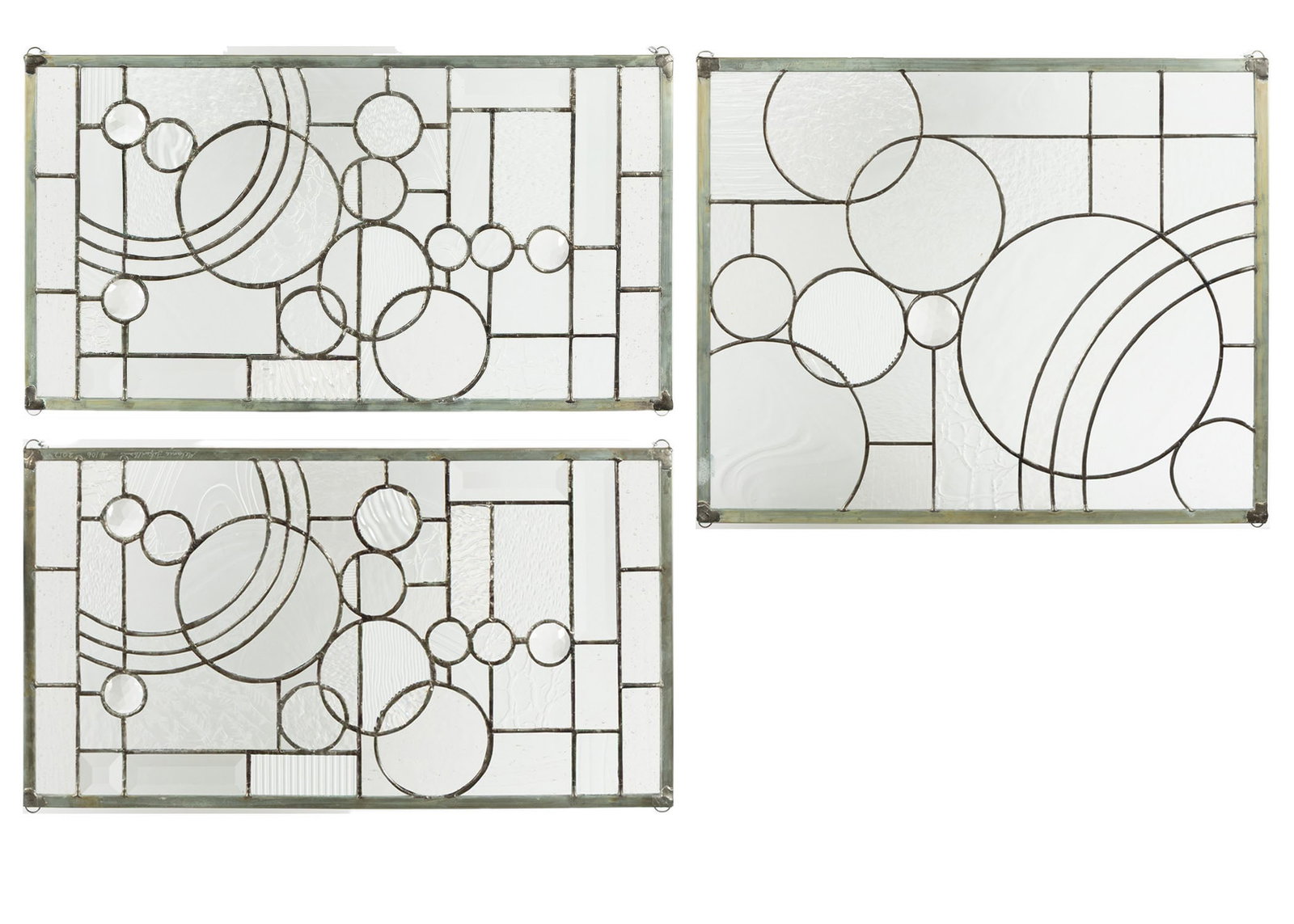 SET OF THREE MODERN LEADED GLASS WINDOWPANES BY MELANIE FITZWILLIAM: SET OF THREE MODERN LEADED GLASS WINDOWPANES BY MELANIE FITZWILLIAM American, 20th century, signed, numbered "#58", and dated 2013. All with assorted geometric form inset with clear glass panes, some 