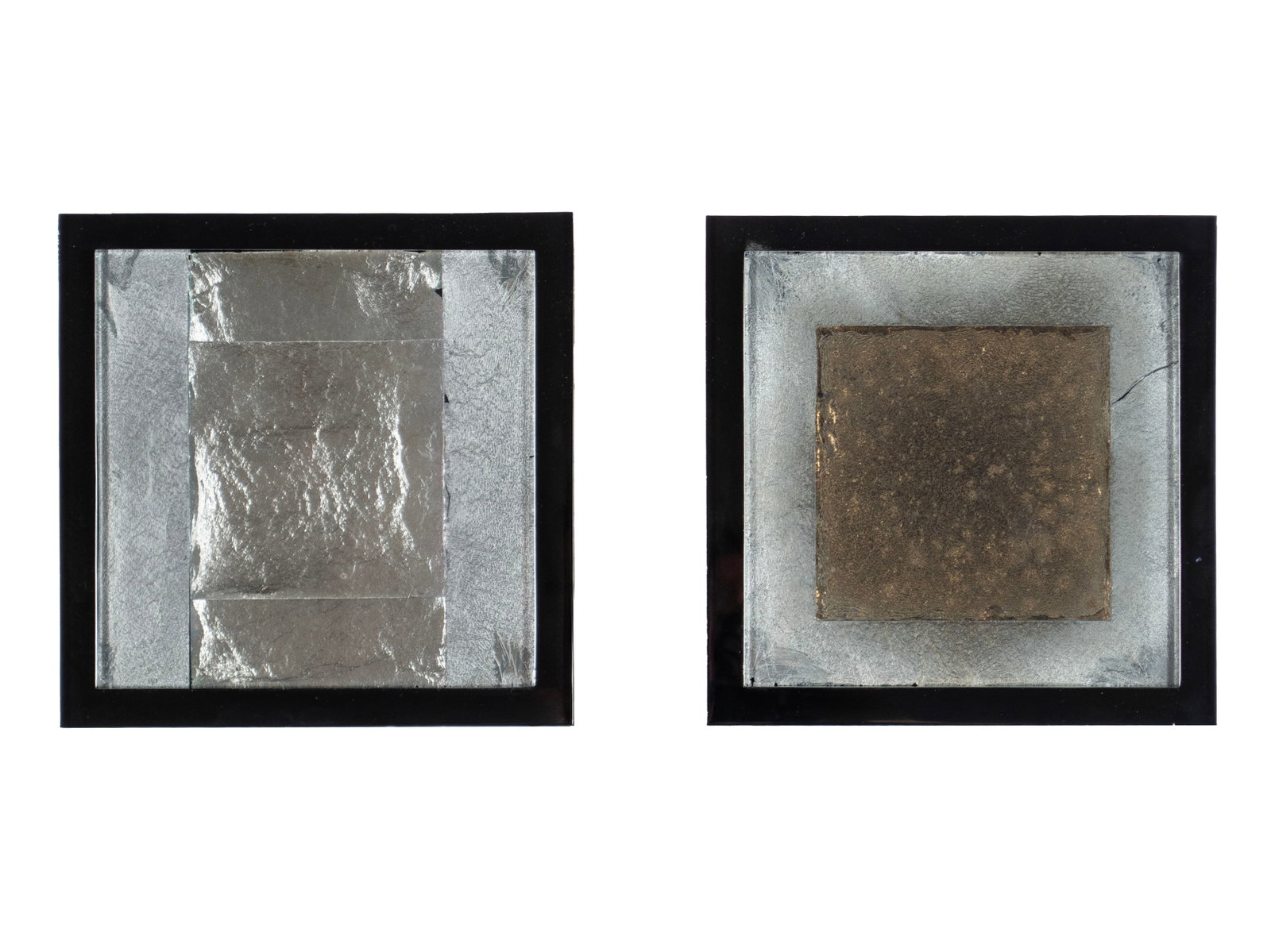 MARIA ROMANO (20TH/21ST C.): Maria Romano 20th/21st c. Precious Metals & Small Works Fused glass with wood backing Signed and titled on verso of each. 5 1/2 x 5 1/2 in. (14 x 14 cm.)