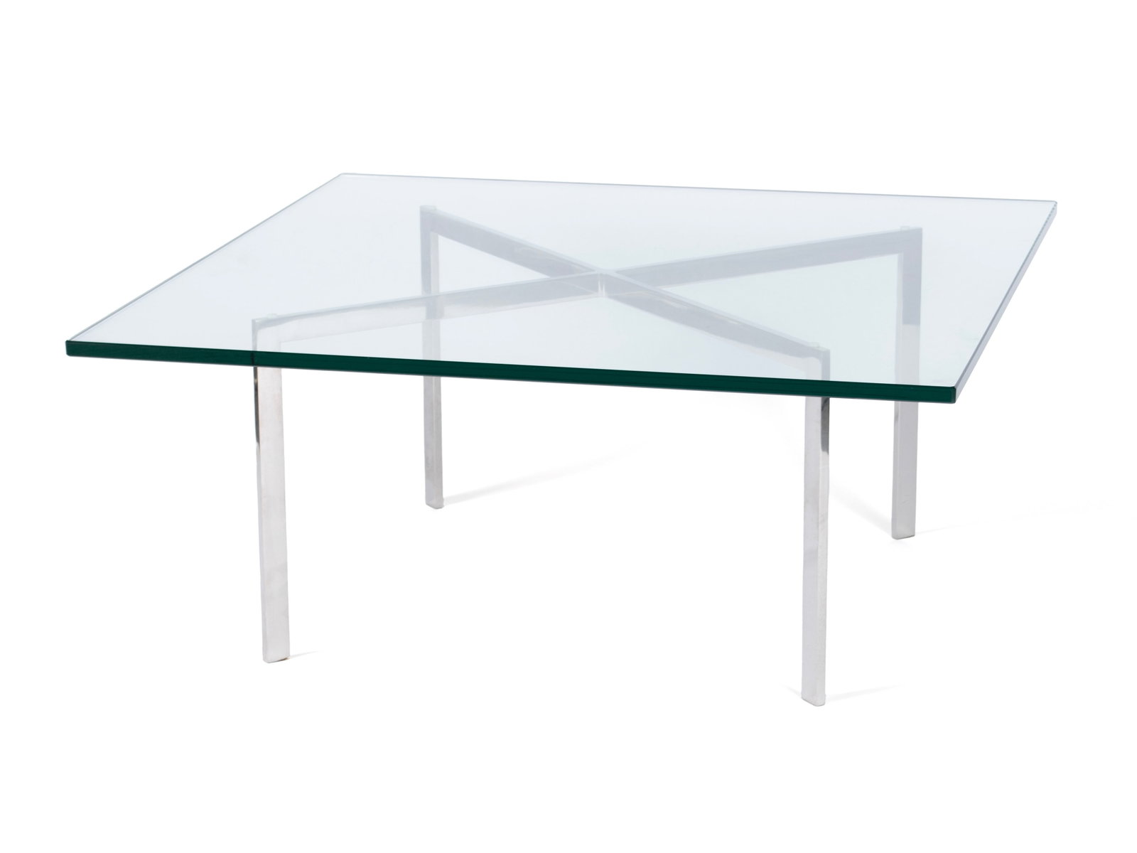 MIES VAN DER ROHE FOR KNOLL BARCELONA COFFEE TABLE: MIES VAN DER ROHE FOR KNOLL BARCELONA COFFEE TABLE American, circa 1960, model 252. X-form chrome finish steel base with beveled square glass top. 17 x 40 x 40 in. (43.2 x 101.6 x 101.6 cm.) The Colle