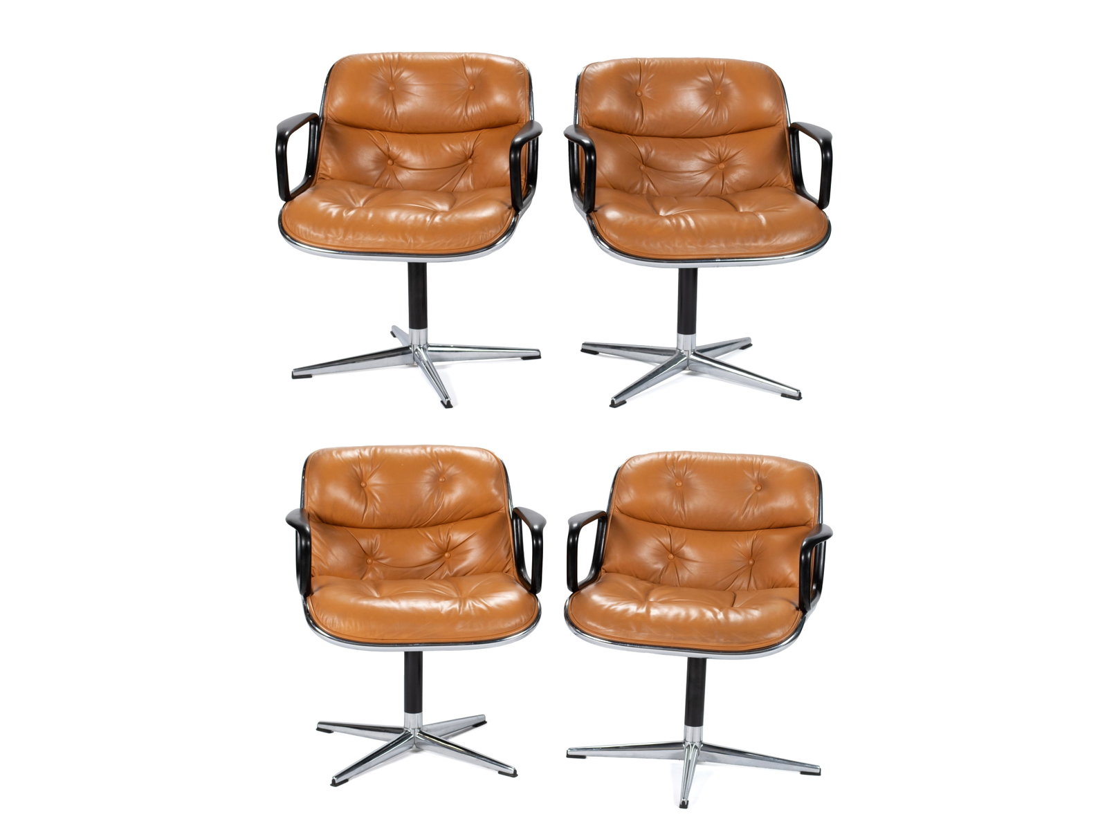 FOUR CHARLES POLLOCK FOR KNOLL ARMCHAIRS: FOUR CHARLES POLLOCK FOR KNOLL ARMCHAIRS American, mid-20th century. Tufted saddle brown leather on chrome stationary base, labels to underside. 31 x 26 1/2 x 20 in. (78.7 x 67.3 x 50.8 cm.) The