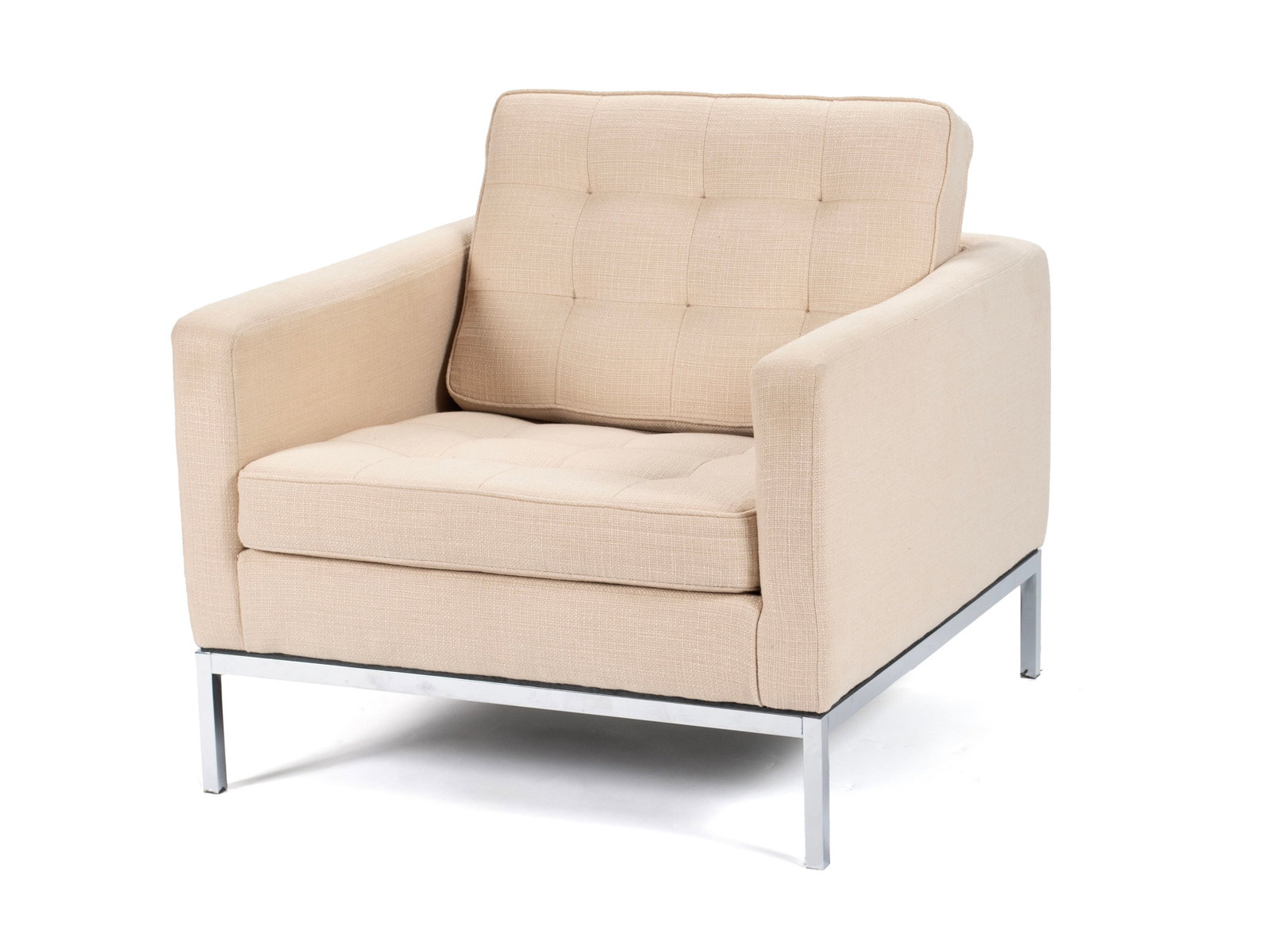 FLORENCE KNOLL ARMCHAIR FOR KNOLL INTERNATIONAL: FLORENCE KNOLL ARMCHAIR FOR KNOLL INTERNATIONAL American, circa 1960. In original upholstery on chrome finish steel base. Model 1205PC. 29 1/2 x 32 x 32 in. (74.9 x 81.3 x 81.3 cm.) The Collection of
