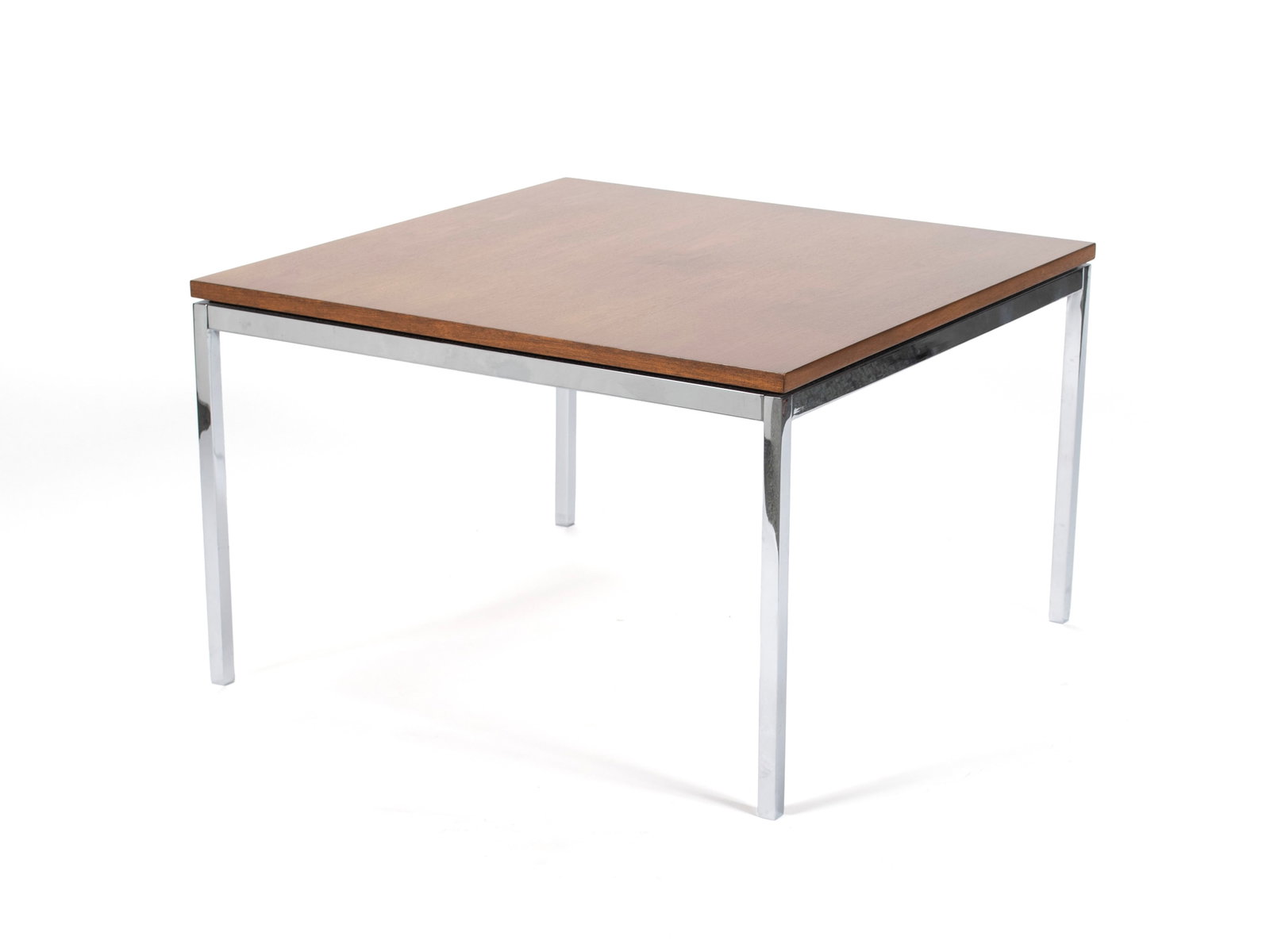 FLORENCE KNOLL SIDE TABLE FOR KNOLL INTERNATIONAL: FLORENCE KNOLL SIDE TABLE FOR KNOLL INTERNATIONAL American, circa 1960. Square teak top on chrome finish steel base. 17 1/4 x 27 x 27 in. (43.8 x 68.6 x 68.6 cm.) The Collection of Mrs. Mary Jane