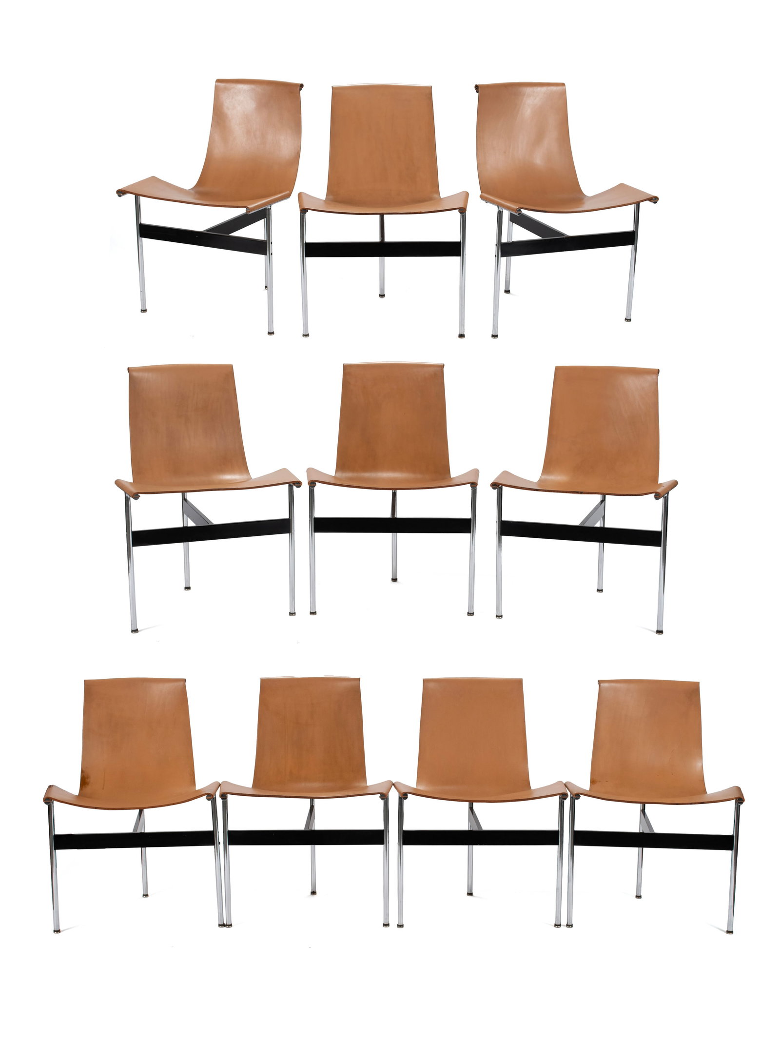 KATAVOLOS, LITTEL AND KELLEY FOR LAVERNE 'T' DINING CHAIRS: KATAVOLOS, LITTEL AND KELLEY FOR LAVERNE 'T' DINING CHAIRS American, 1965. Set of ten (10) chairs with brown leather sling seats on chrome and steel bases. Item no. 3-LC. 32 x 23 x 22 in. (81.3 x