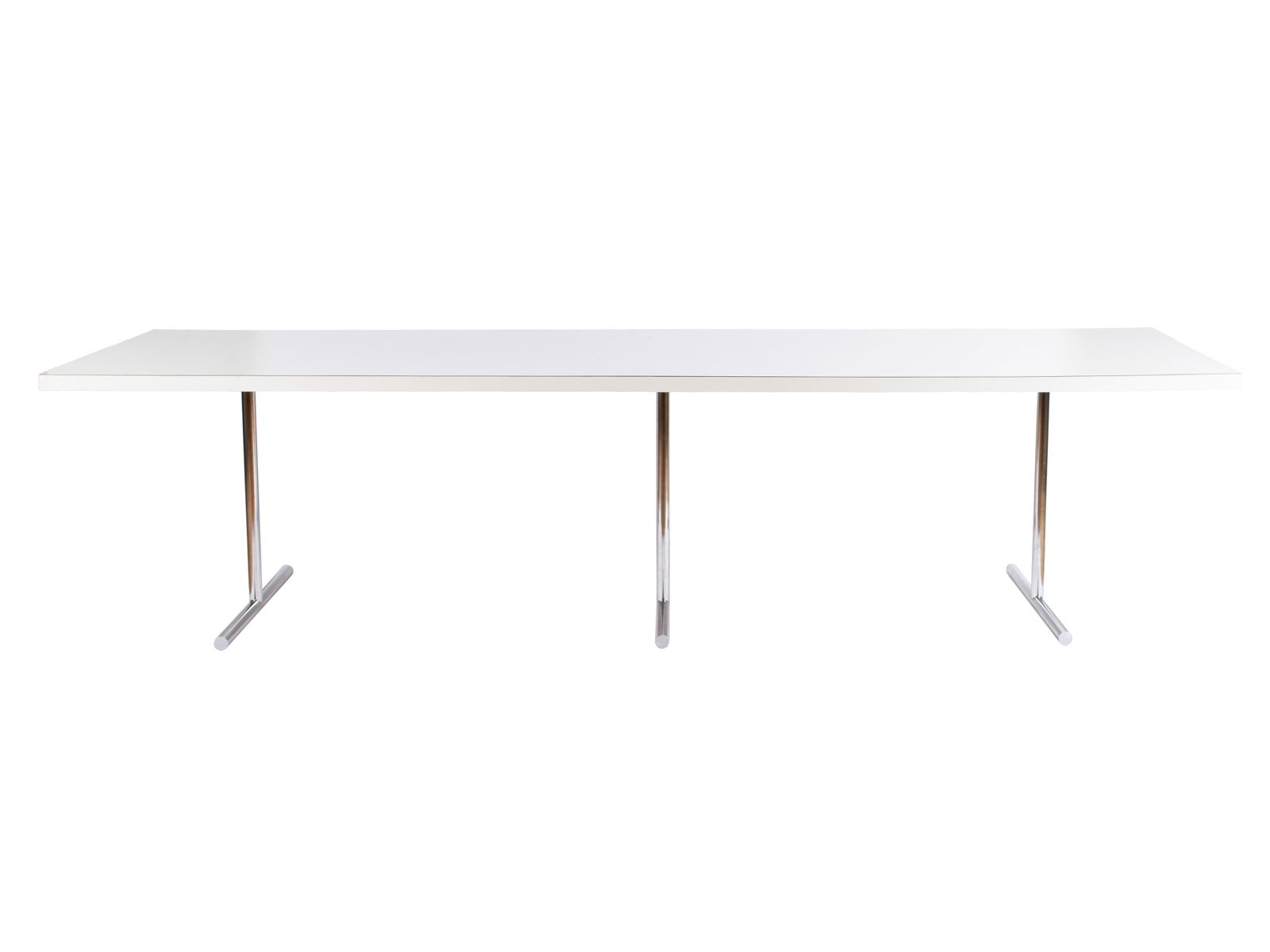 HANS EICHENBERGER FOR STENDIG 'OMEGA' DINING TABLE: HANS EICHENBERGER FOR STENDIG 'OMEGA' DINING TABLE American, custom built 1969. White veneer rectangular top on three polished chrome legs terminating in horizontal feet. 30 x 38 x 120 in. (76.2 x