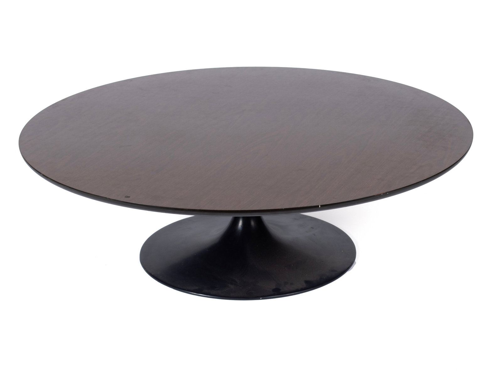 BURKE INC TULIP COFFEE TABLE: BURKE INC TULIP COFFEE TABLE American, 20th century. Metal tulip form base with a wood laminate top, marked on underside of base. 15 x 47 3/4 in. (38.1 x 121.3 cm.)