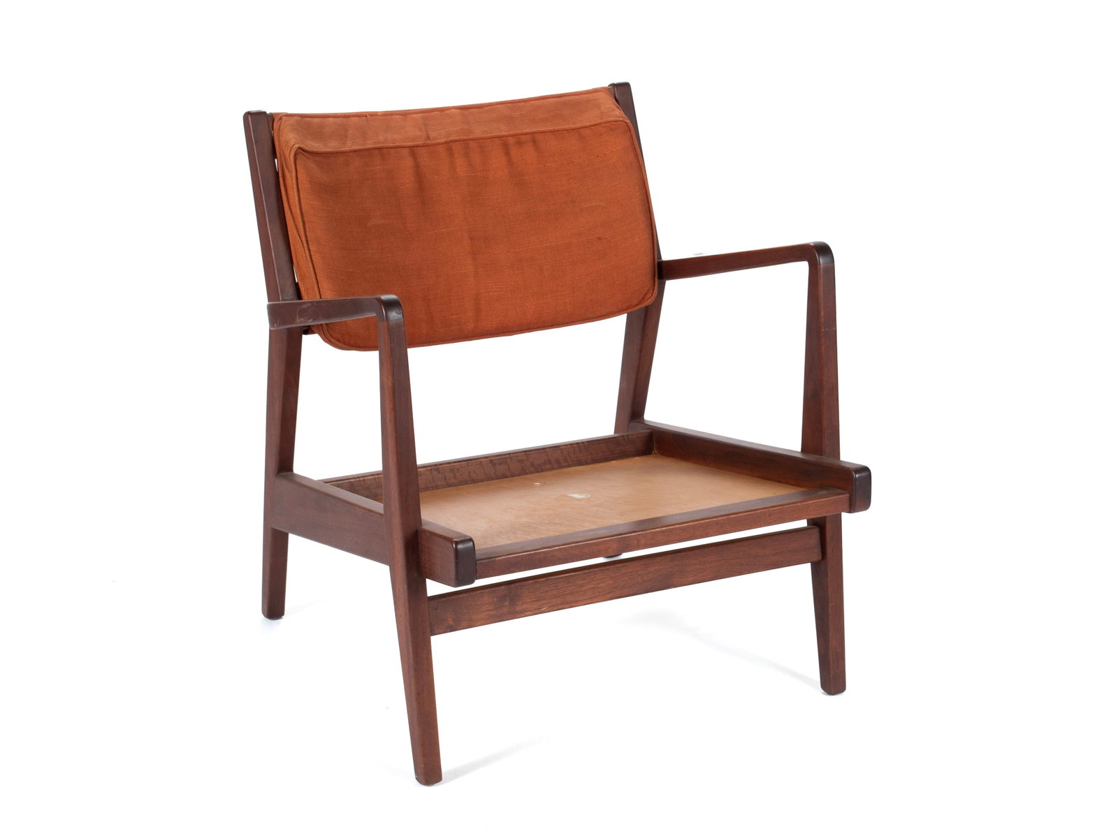 JENS RISOM FOR KNOLL U-430 LOUNGE CHAIR: JENS RISOM FOR KNOLL U-430 LOUNGE CHAIR American, mid-20th century. Walnut frame with upholstered seat and back, partial labels to seat under cushion. 29 1/2 x 27 1/4 x 27 in. (74.9 x 69.2 x 68.6 cm.)
