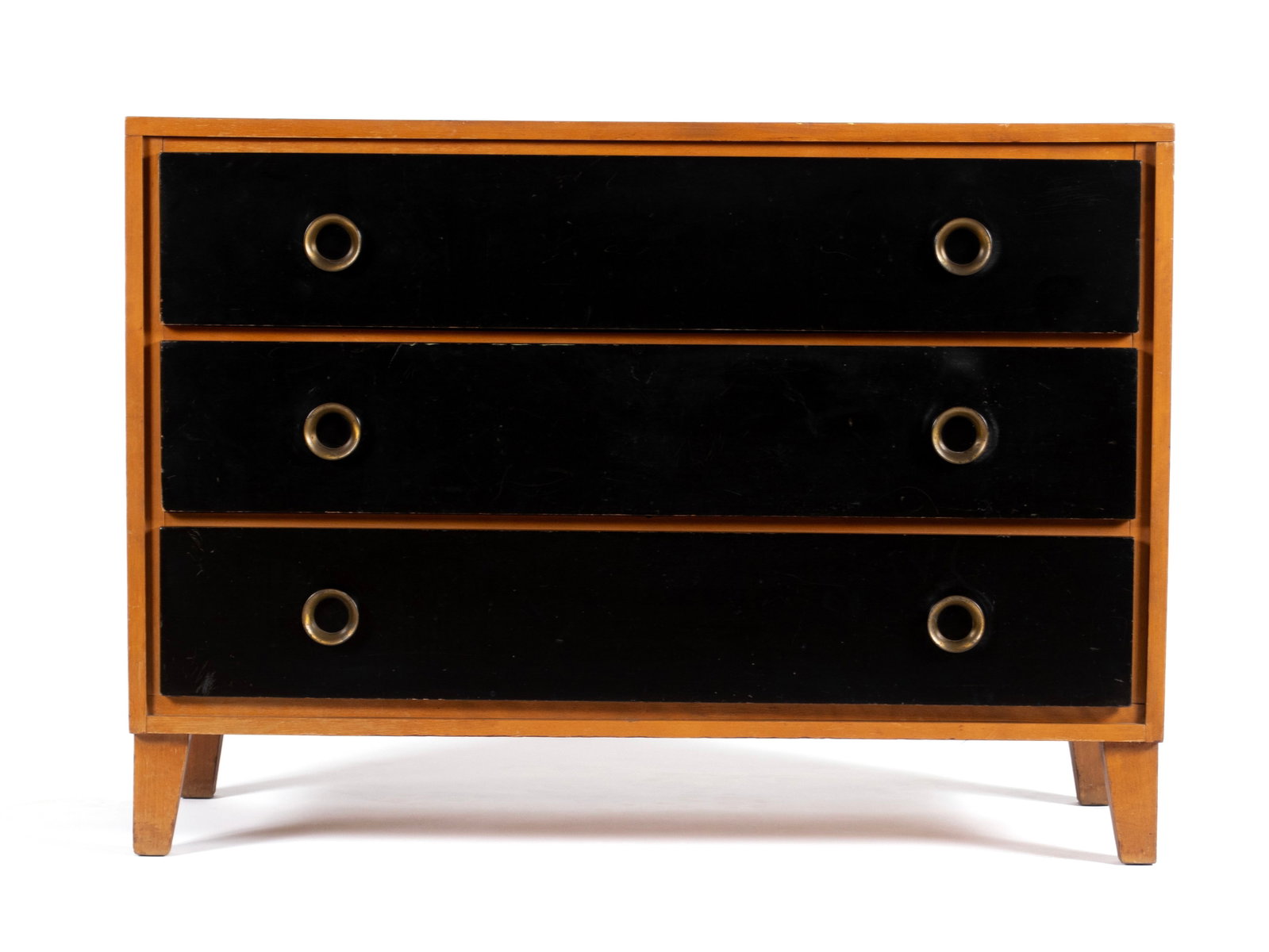 LESLIE DIAMOND FOR CONANT BALL DRESSER: LESLIE DIAMOND FOR CONANT BALL DRESSER American, mid-20th century. Maple dresser with three black painted drawers with brass pulls, unmarked. 30 1/4 x 42 x 18 1/4 in. (76.8 x 106.7 x 46.4 cm.)