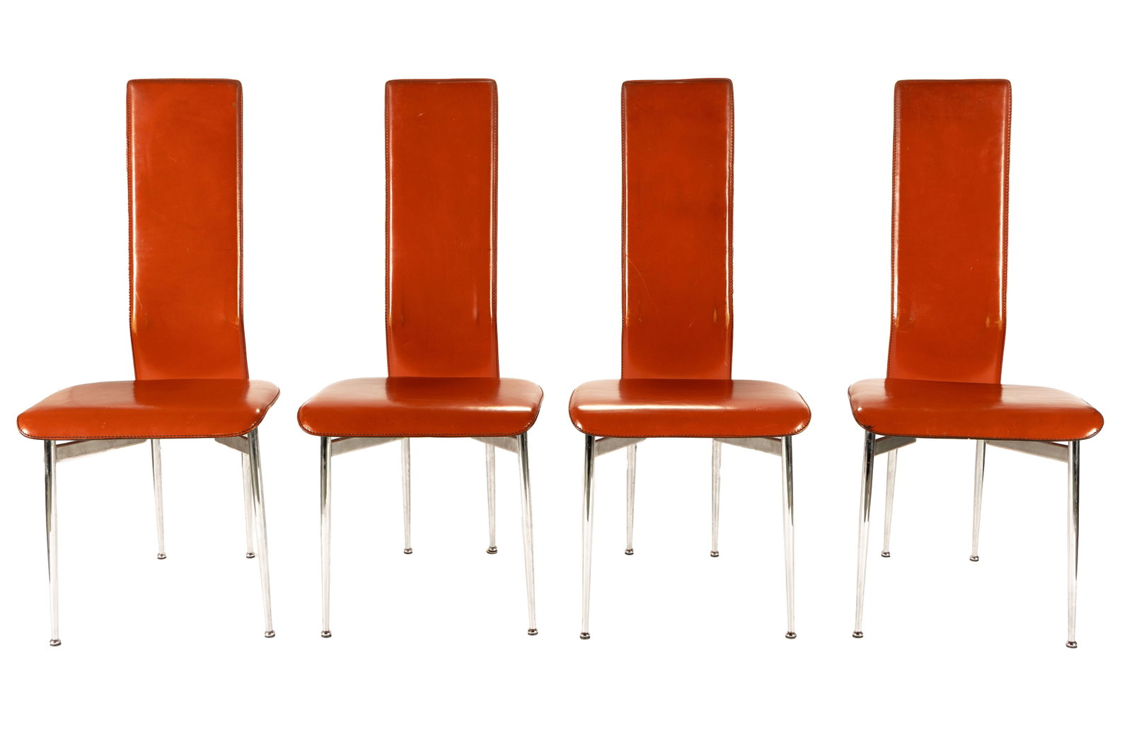SET OF FOUR GIANCARLO VEGNI FLEX DINING CHAIRS FOR FASEM: SET OF FOUR GIANCARLO VEGNI FLEX DINING CHAIRS FOR FASEM Italian, 1970s, chrome and leather. Straight and tall backs in orange upholstery on delicate chrome frames and legs. 40.60 x 17.30 x 21.30 in.