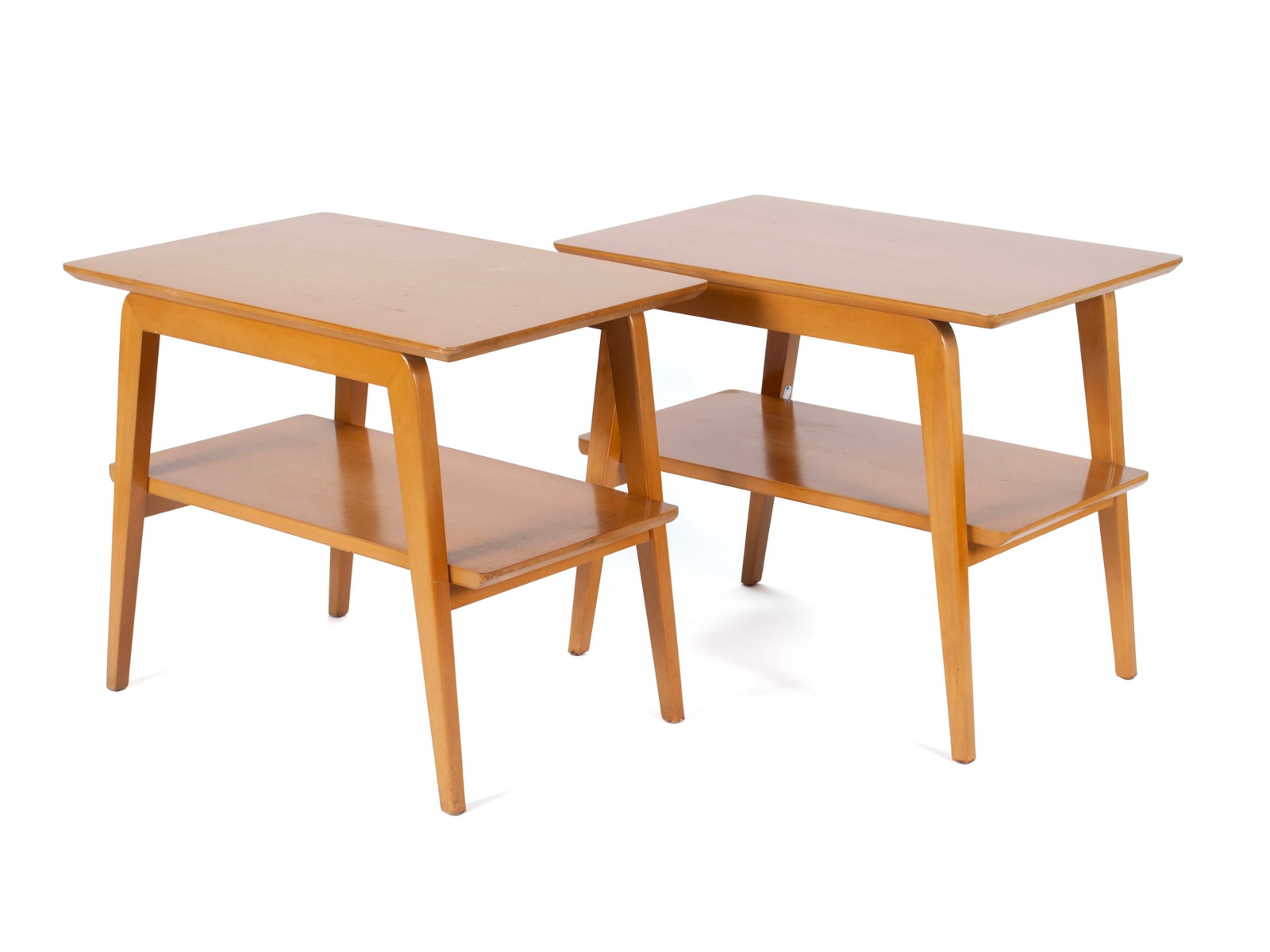 PAIR OF PACEMAKER MCM SIDE TABLES: PAIR OF PACEMAKER MCM SIDE TABLES American Chair Co., 20th century. Pair of Pacemaker line model #164 light wood tables with medial shelves, labeled underfoot. 22 3/4 x 18 x 27 in. (57.8 x 45.7 x