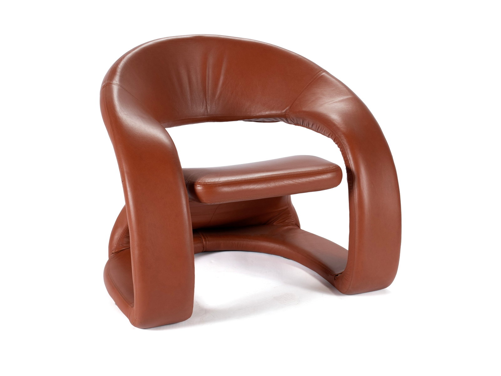JAYMAR 'TONGUE' LOUNGE CHAIR: JAYMAR 'TONGUE' LOUNGE CHAIR Quebec, 1999. Sculptural cantilevered postmodern armchair in saddle brown. Labels to underside. 30 x 33 x 28 in. (76.2 x 83.8 x 71.1 cm.)