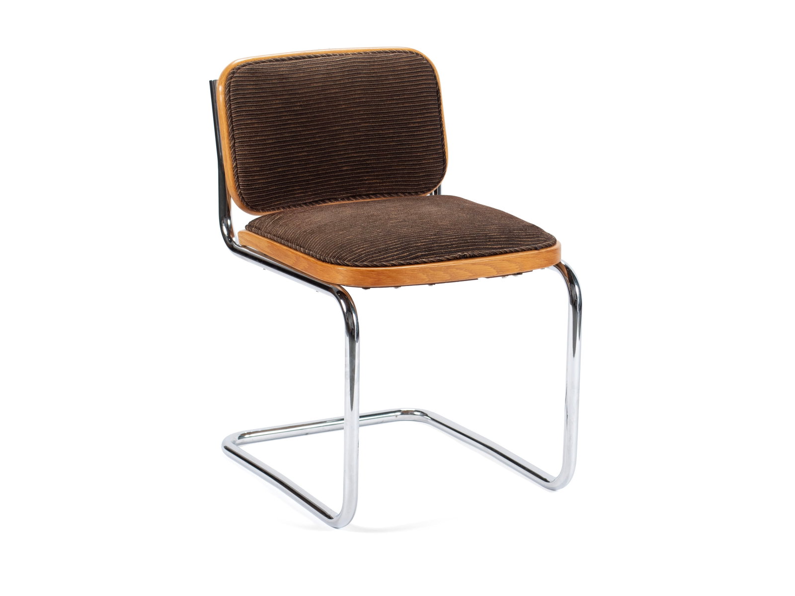 MARCEL BREUER FOR KNOLL CANTILEVER SIDE CHAIR: MARCEL BREUER FOR KNOLL CANTILEVER SIDE CHAIR American, mid-20th century. Upholstered with chrome and walnut frame, label to back seat rail. 29 x 18 1/4 x 22 in. (73.7 x 46.4 x 55.9 cm.) The
