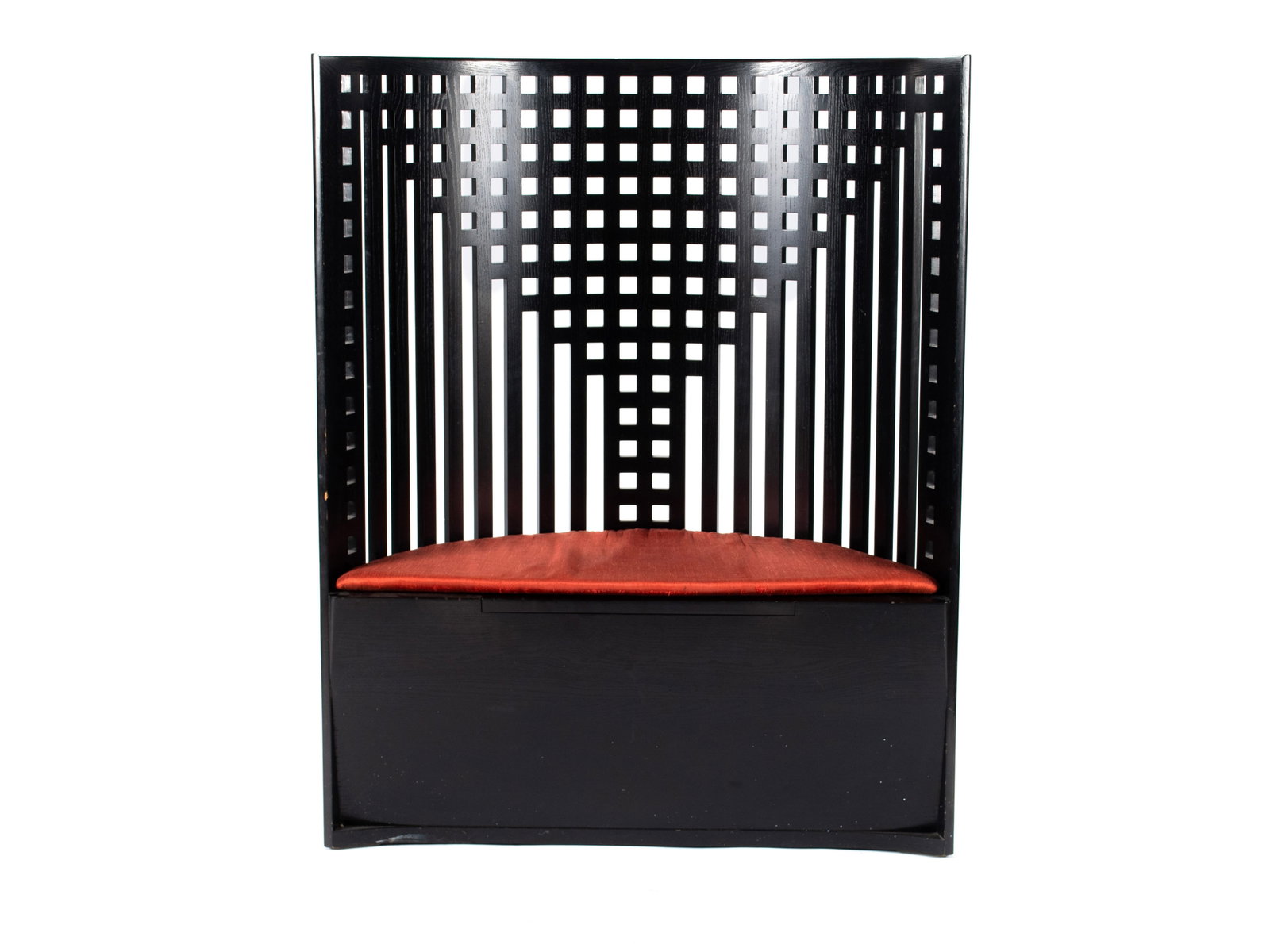 CHARLES RENNIE MACKINTOSH EBONIZED WILLOW CHAIR: CHARLES RENNIE MACKINTOSH EBONIZED WILLOW CHAIR For Cassina, circa 1973, designed 1904. Demilune form with lift top storage bench, marked on interior. 47 x 37 1/4 x 15 3/4 in. (119.4 x 94.6 x 40 cm.)
