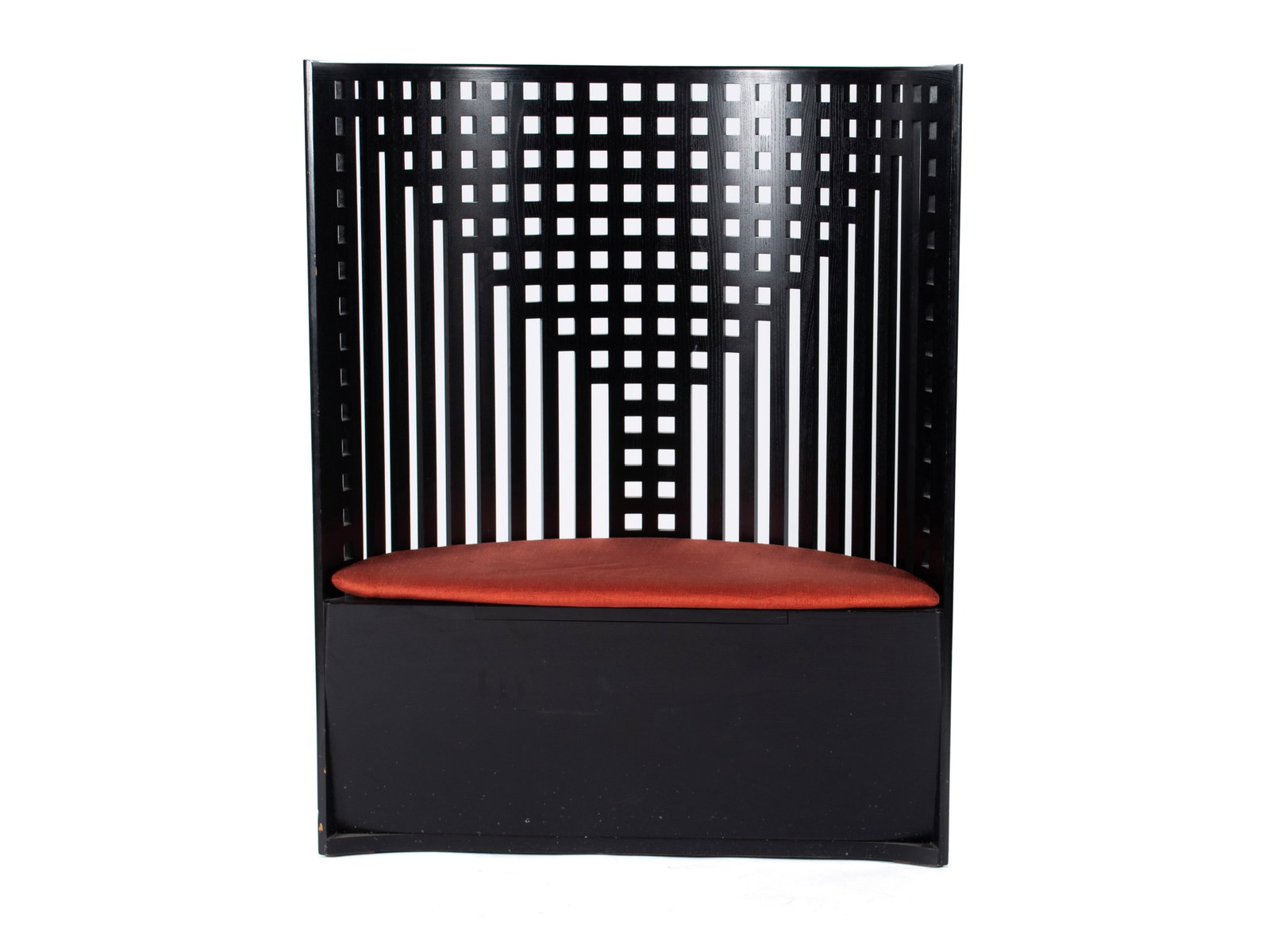 CHARLES RENNIE MACKINTOSH EBONIZED WILLOW CHAIR: CHARLES RENNIE MACKINTOSH EBONIZED WILLOW CHAIR For Cassina, circa 1973, designed 1904. Demilune form with lift top storage bench, marked on interior. 47 x 37 1/4 x 15 3/4 in. (119.4 x 94.6 x 40 cm.)