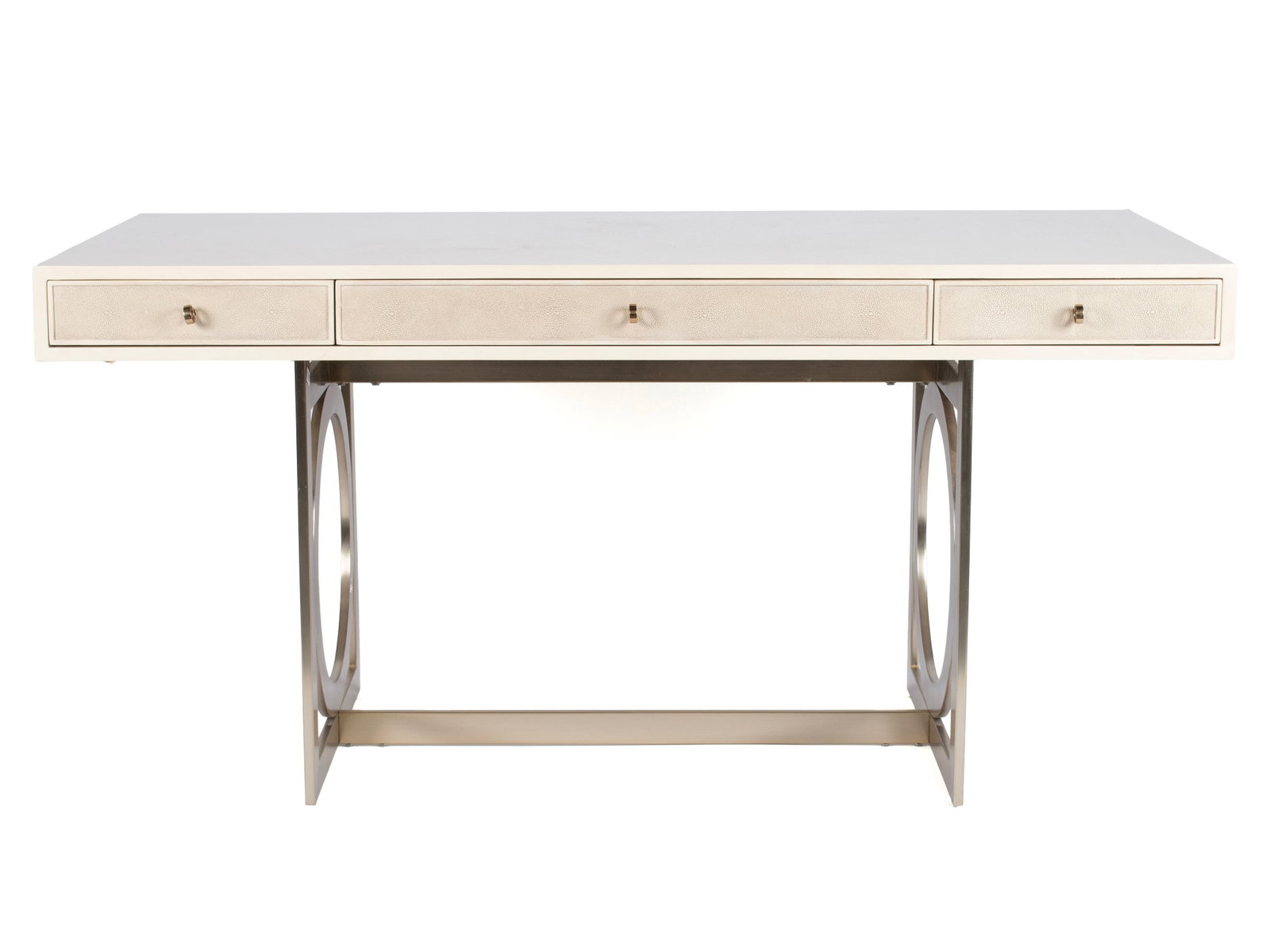BERNHARDT WRITING DESK: BERNHARDT WRITING DESK American, 2nd half of the 20th century. Lacquered desktop with three faux shagreen drawer fronts, one a pull-out writing surface, on a geometric metal base. Label to drawer