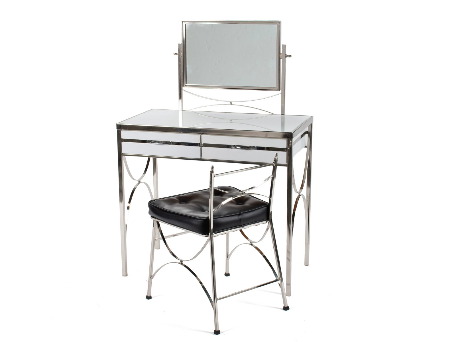 MCM VANITY WITH CHAIR: MCM VANITY WITH CHAIR 20th century. Chrome and glass vanity with mirror and two drawers, with matching chair. Vanity: 44 x 15 1/2 x 30 1/2 in. (111.8 x 39.4 x 77.5 cm.) The Collection of Mrs. Mary