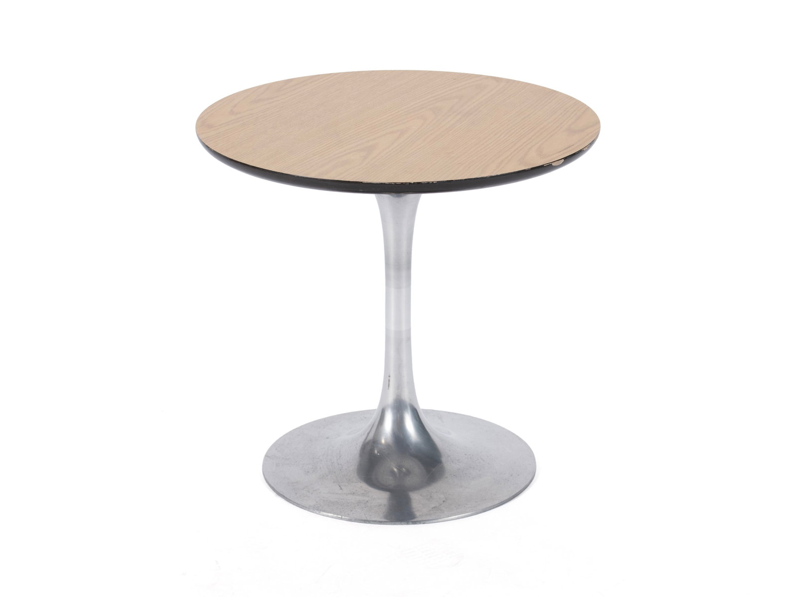 TULIP SIDE TABLE: TULIP SIDE TABLE Possibly Arkana, 20th century. Round wooden top on a chrome base. 20 1/4 x 21 1/2 in. (51.4 x 54.6 cm.)