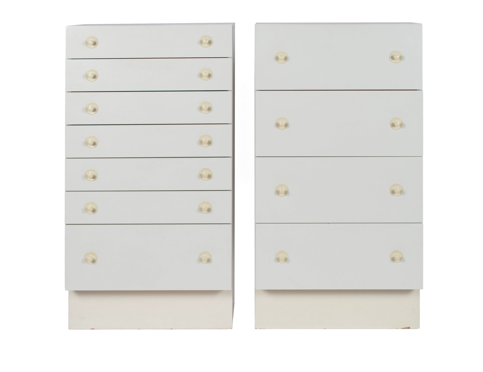 PAIR OF INTERLUBKE CHESTS OF DRAWERS: PAIR OF INTERLUBKE CHESTS OF DRAWERS German, circa 1960s. Two (2) units, one (1) with seven drawers and one (1) with four deeper drawers, one with label to top drawer interior. Can be connected or