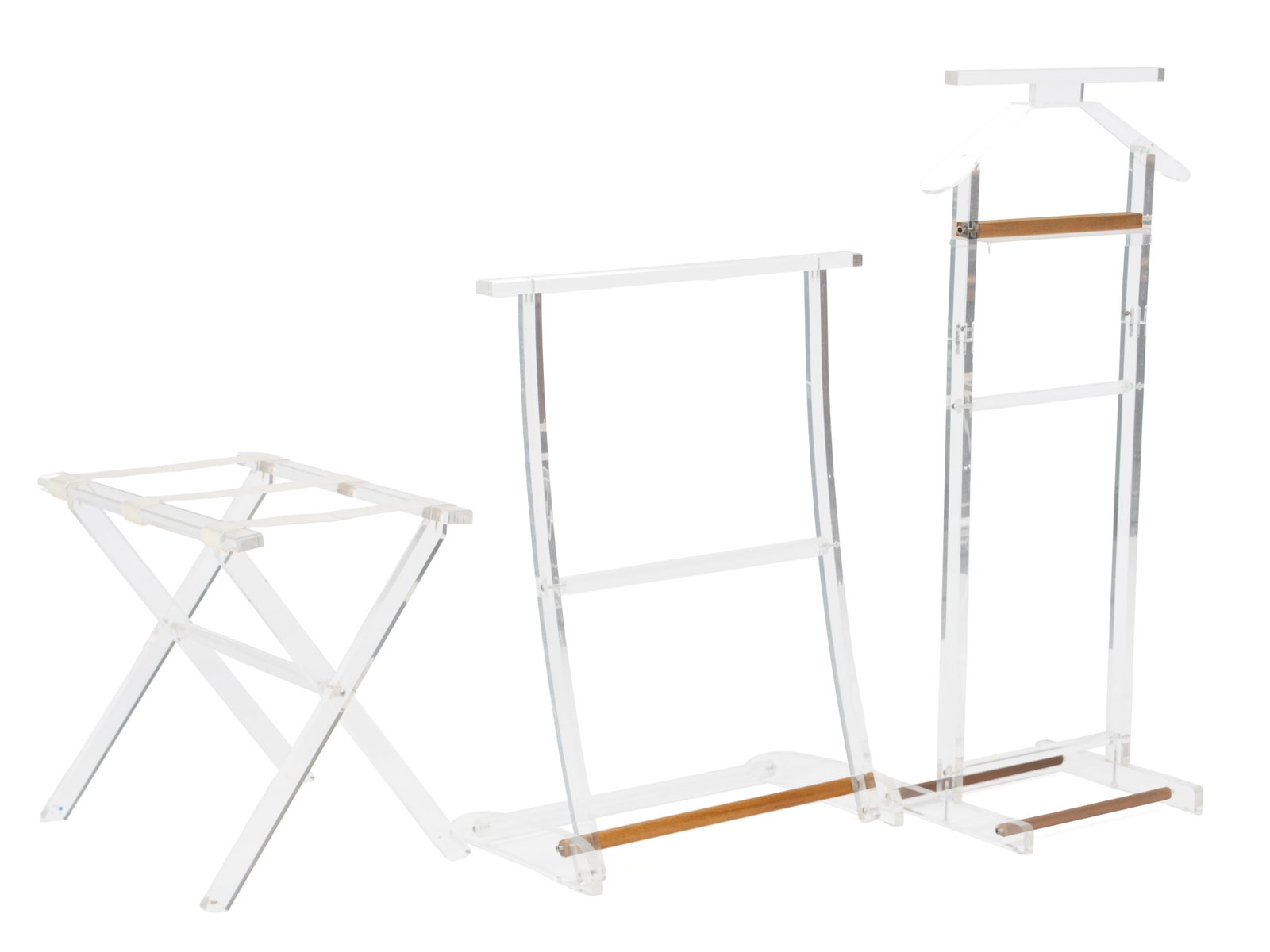 LUCITE VALET, TOWEL AND LUGGAGE RACK: LUCITE VALET, TOWEL AND LUGGAGE RACK 20th century. Towel rack and valet with wood elements, valet marked for Scheile. Valet: 41 x 18 3/4 x 13 in. (104.1 x 47.6 x 33 cm.) The Collection of Mrs. Mary