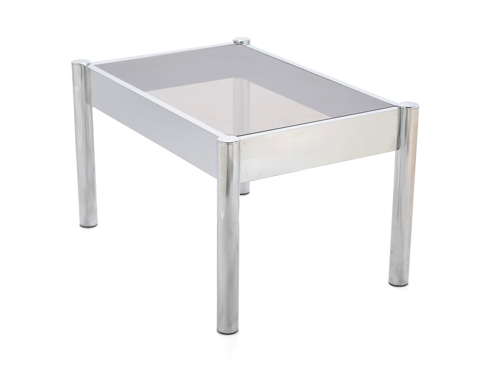 MCM CHROME AND GLASS COFFEE TABLE: MCM CHROME AND GLASS COFFEE TABLE 20th century. Smoked glass top on a chrome base. 18 1/2 x 31 3/4 x 21 3/4 in. (47 x 80.6 x 55.2 cm.)