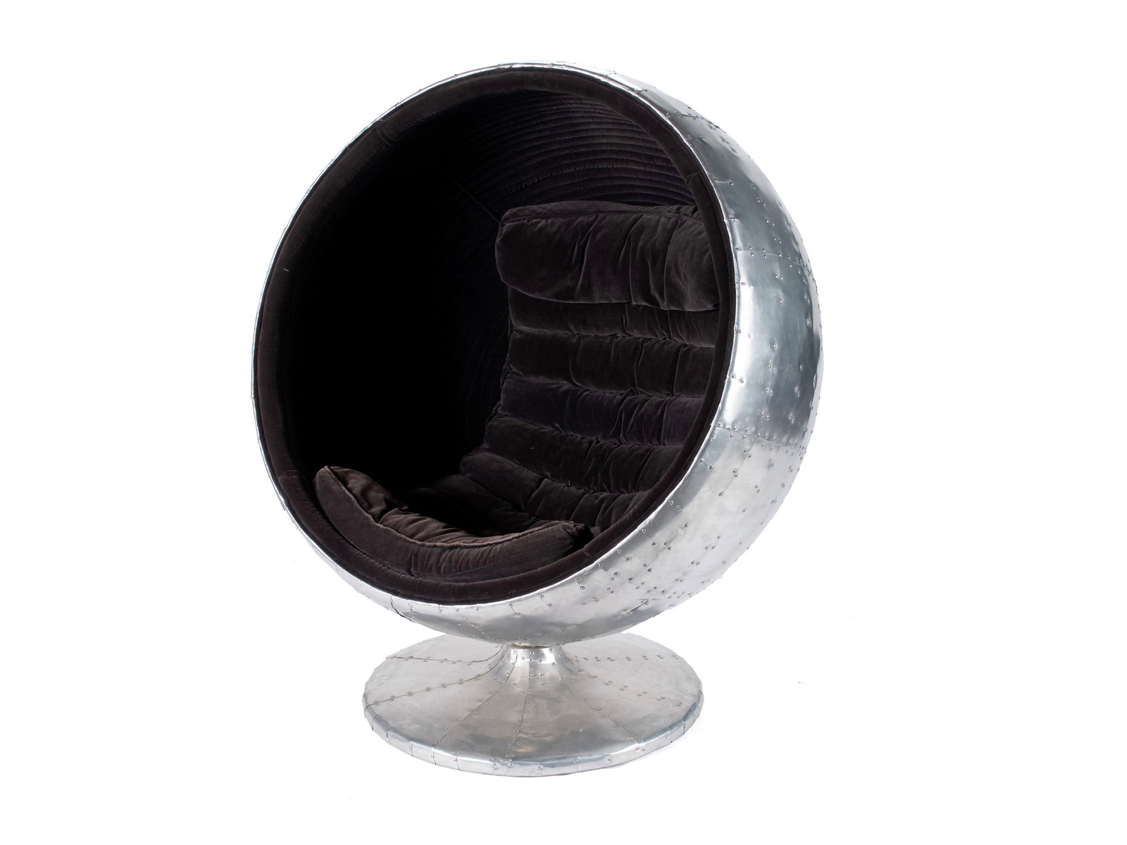 RESTORATION HARDWARE ORBIT SPITFIRE CHAIR: RESTORATION HARDWARE ORBIT SPITFIRE CHAIR American, 21st century. Spherical, aluminum plated "egg" lounger with velour upholstered interior and tufted cushion seat. 48 x 38 in. (121.9 x 96.5 cm.)