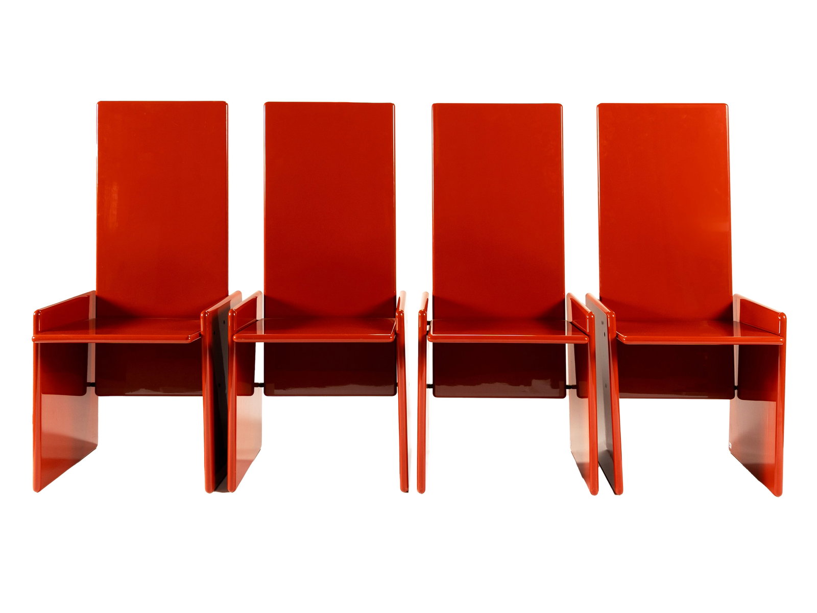SET OF FOUR 'KAZUKI' CHAIRS BY KAZUHIDE TAKAHAMA (JAPANESE, 1930-2010) FOR SIMON GAVINA INTL: SET OF FOUR 'KAZUKI' CHAIRS BY KAZUHIDE TAKAHAMA (JAPANESE, 1930-2010) FOR SIMON GAVINA INTL Italian, designed 1968, lacquered wood. High back rectangular seat in glossy red orange. Signed with foil