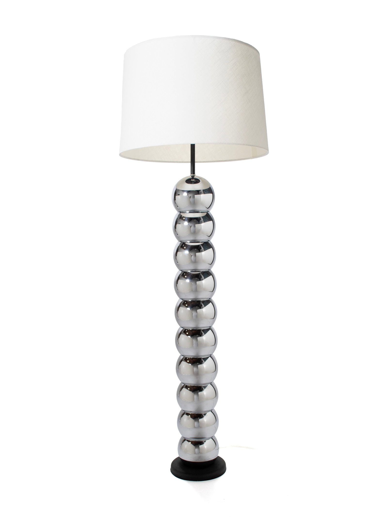 GEORGE KOVACS CHROME FLOOR LAMP: GEORGE KOVACS CHROME FLOOR LAMP 20th century. Comprising a column of chrome balls, with linen shade. 59 1/2 x 18 in. (151.1 x 45.7 cm.)