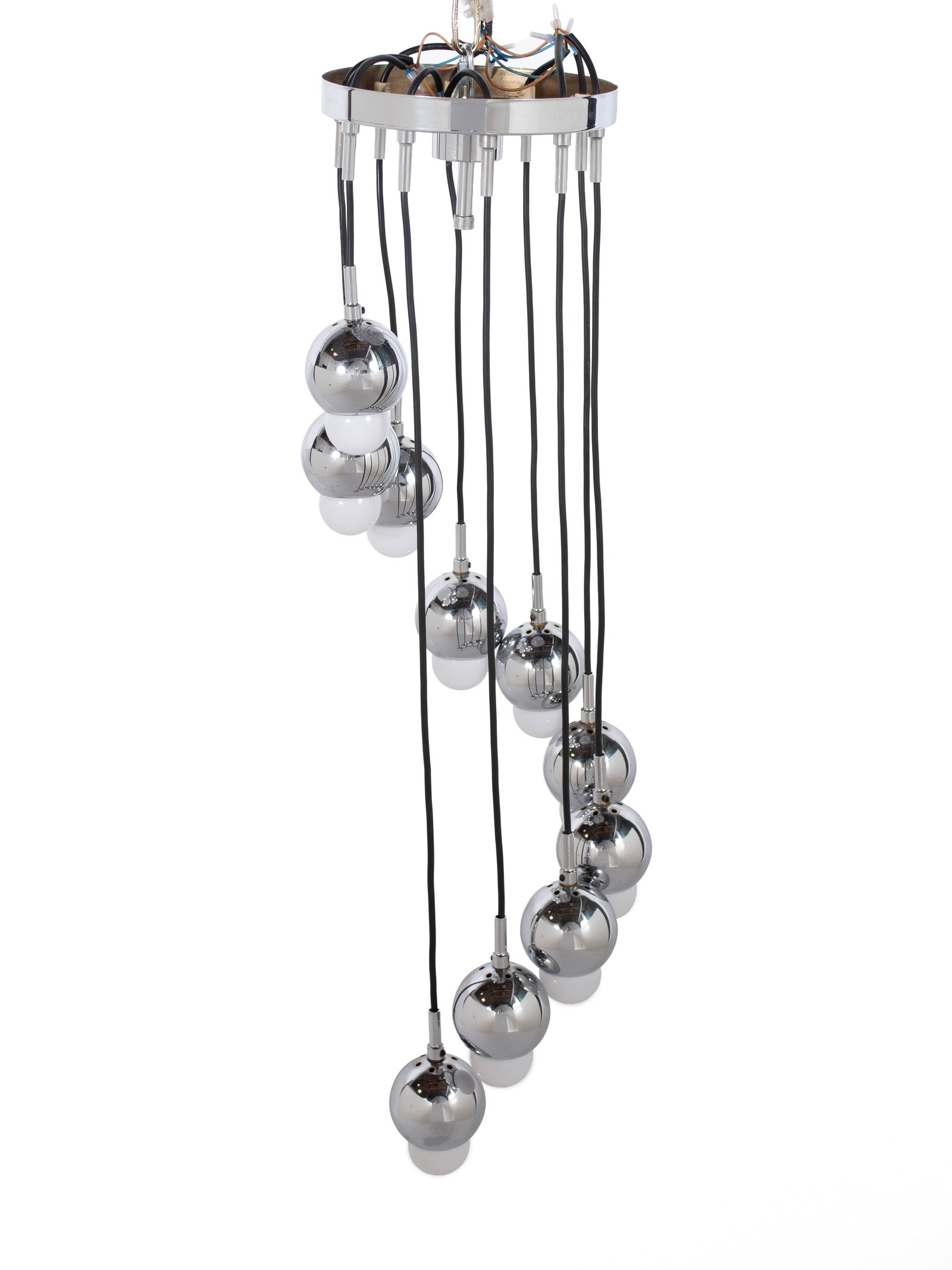 MCM SPACE AGE CHROME CASCADING PENDANT CHANDELIER: MCM SPACE AGE CHROME CASCADING PENDANT CHANDELIER 20th century. Chandelier with ten (10) chrome pendant lights. 35 x 9 in. (88.9 x 22.9 cm.)